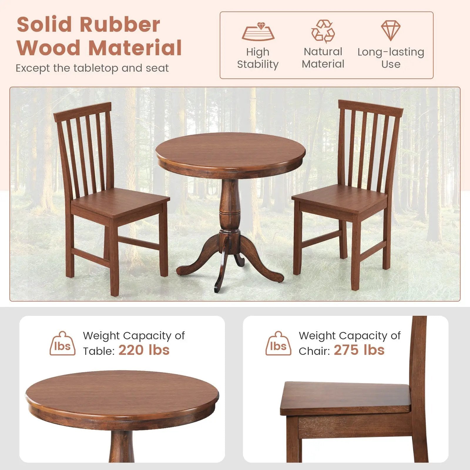 3 Pieces Wooden Dining Table and Chair Set for Cafe Kitchen Living Room by DirectDeals