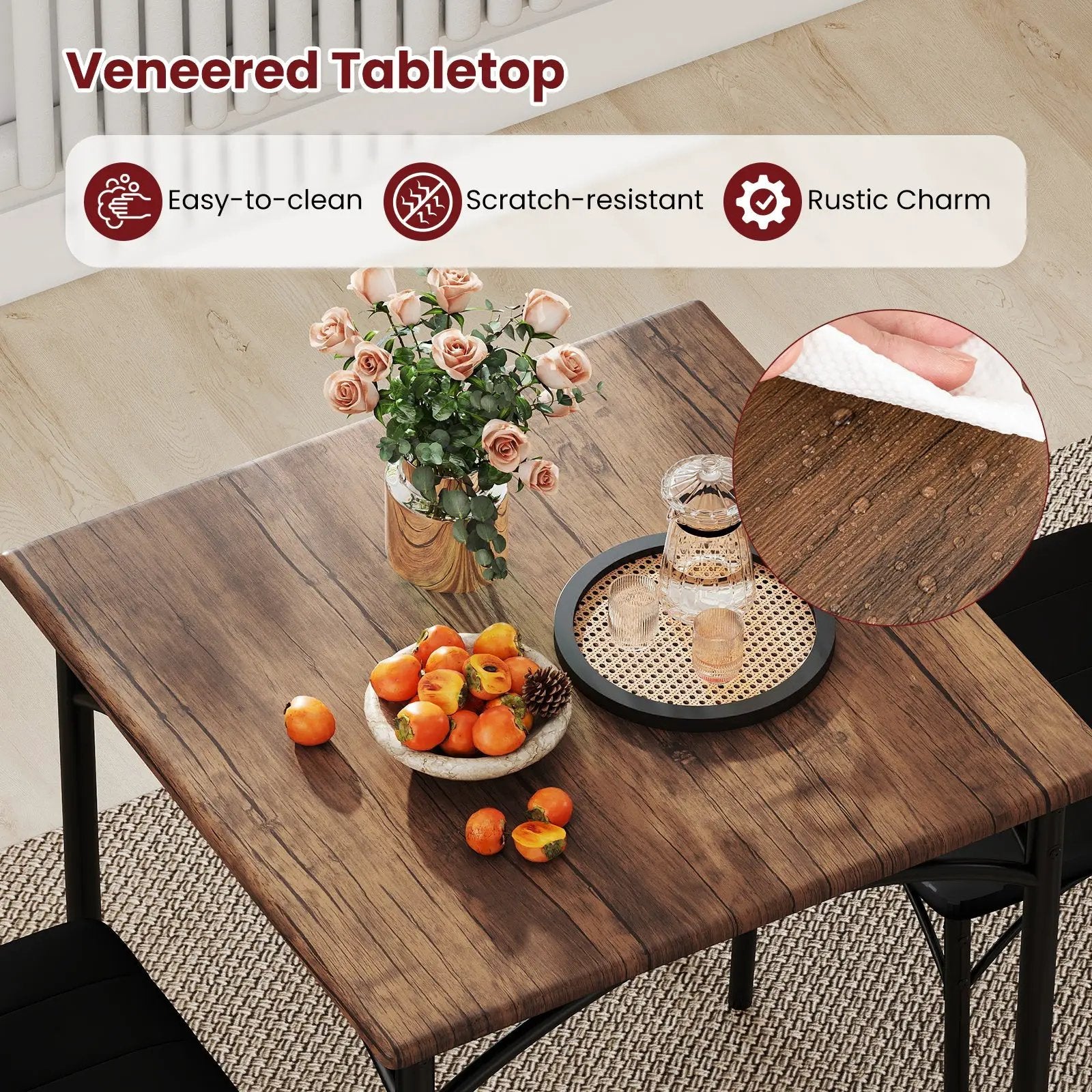 3-Piece Dining Table Set Square Kitchen Table and 2 Chairs for Dining Room-Rustic Brown by DirectDeals