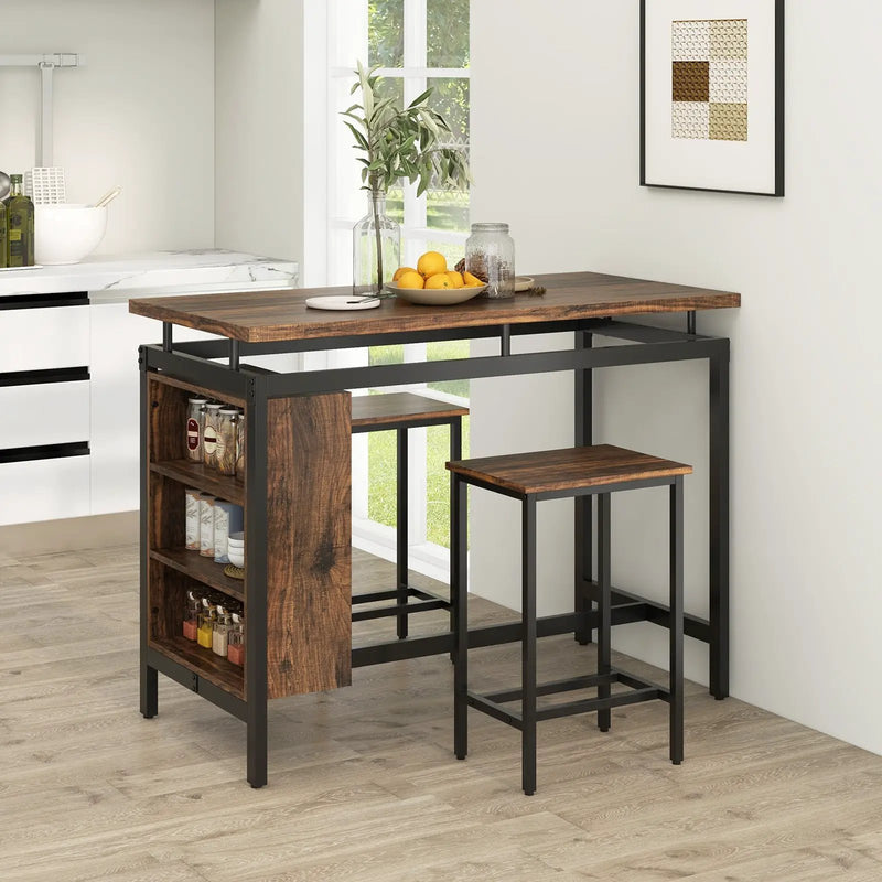 3 Pieces Dining Table Set with 3-Tier Storage Shelf and Metal Frame-Brown by DirectDeals