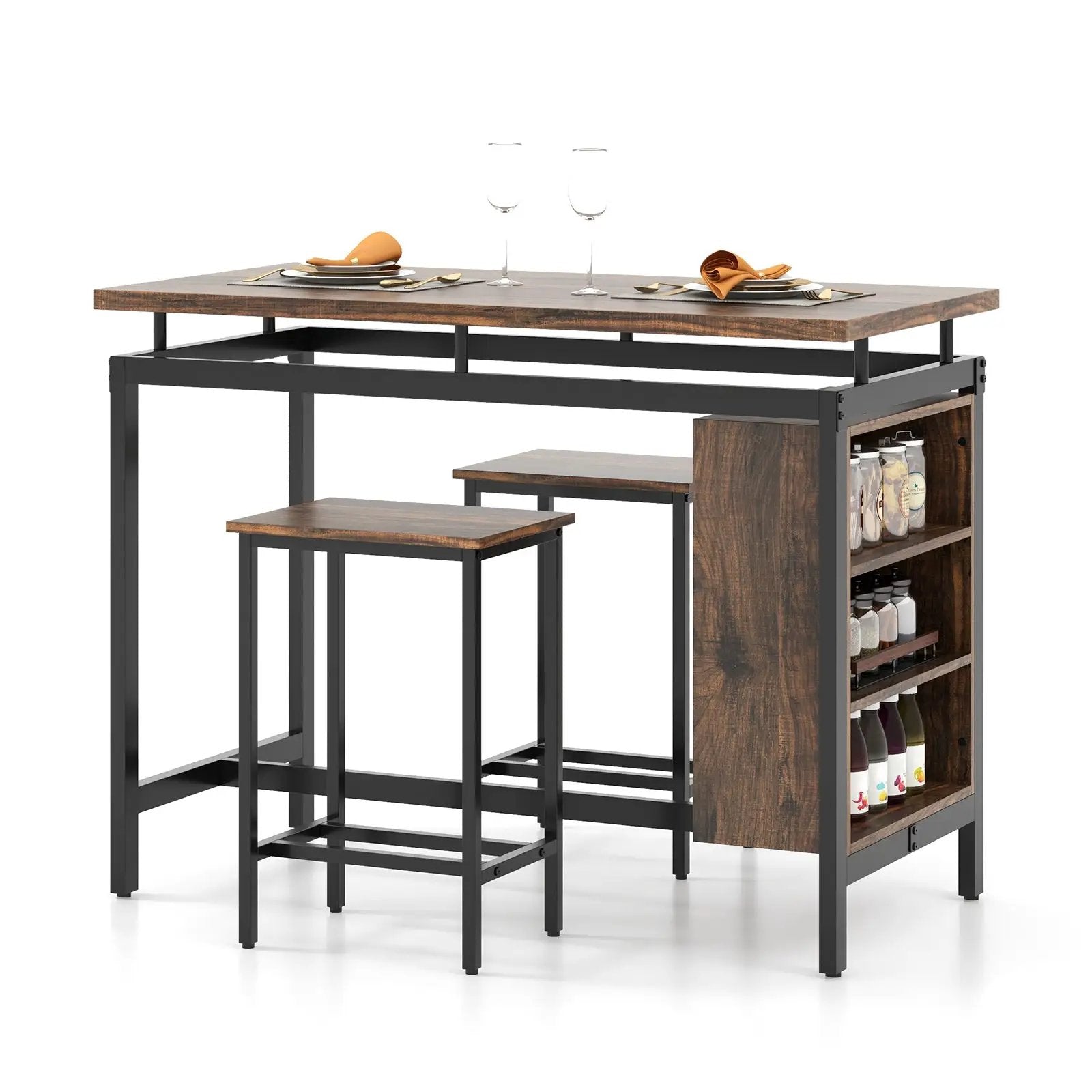 3 Pieces Dining Table Set with 3-Tier Storage Shelf and Metal Frame-Brown by DirectDeals