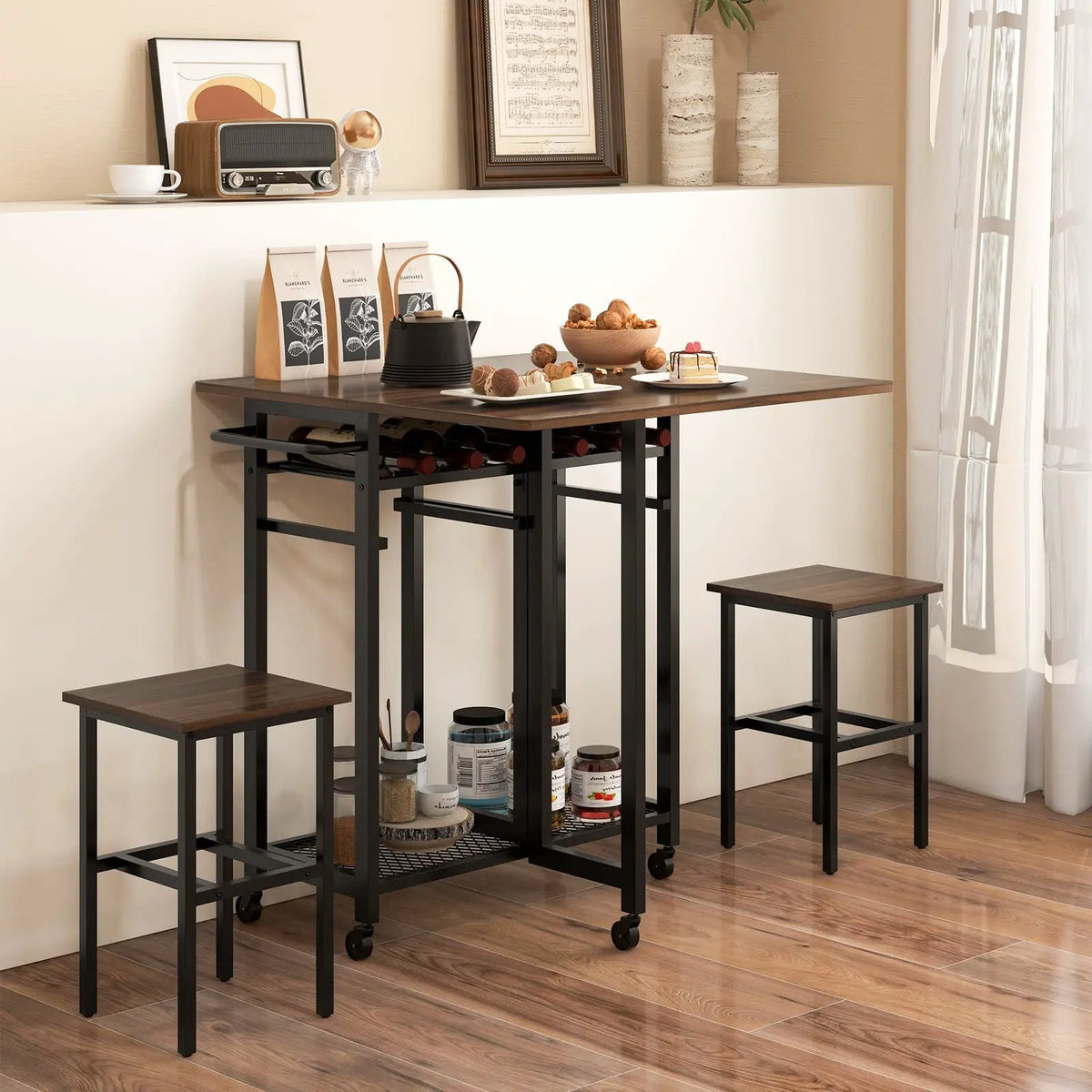 3 Piece Dining Table Set with 6-Bottle Wine Rack by DirectDeals
