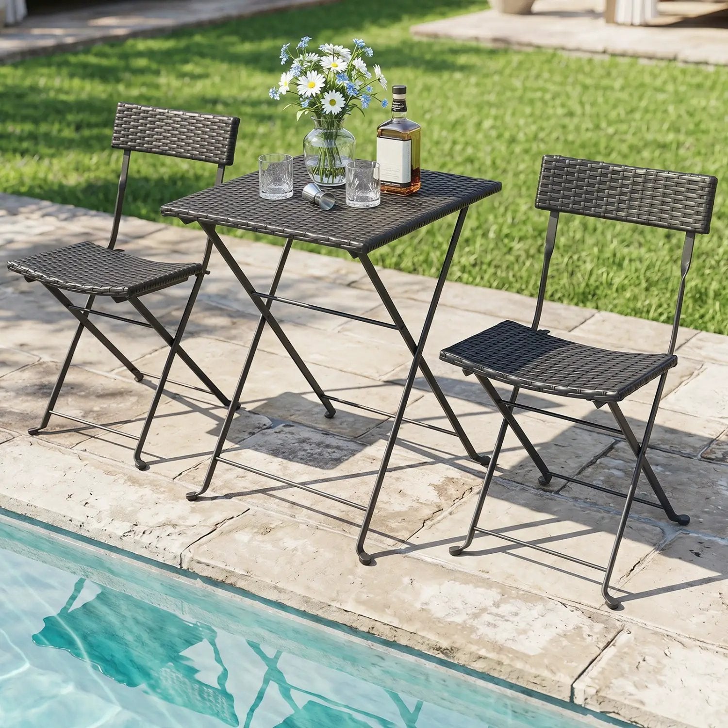 3-Piece Folding Bistro Set with PE Wicker and Metal Frame by DirectDeals
