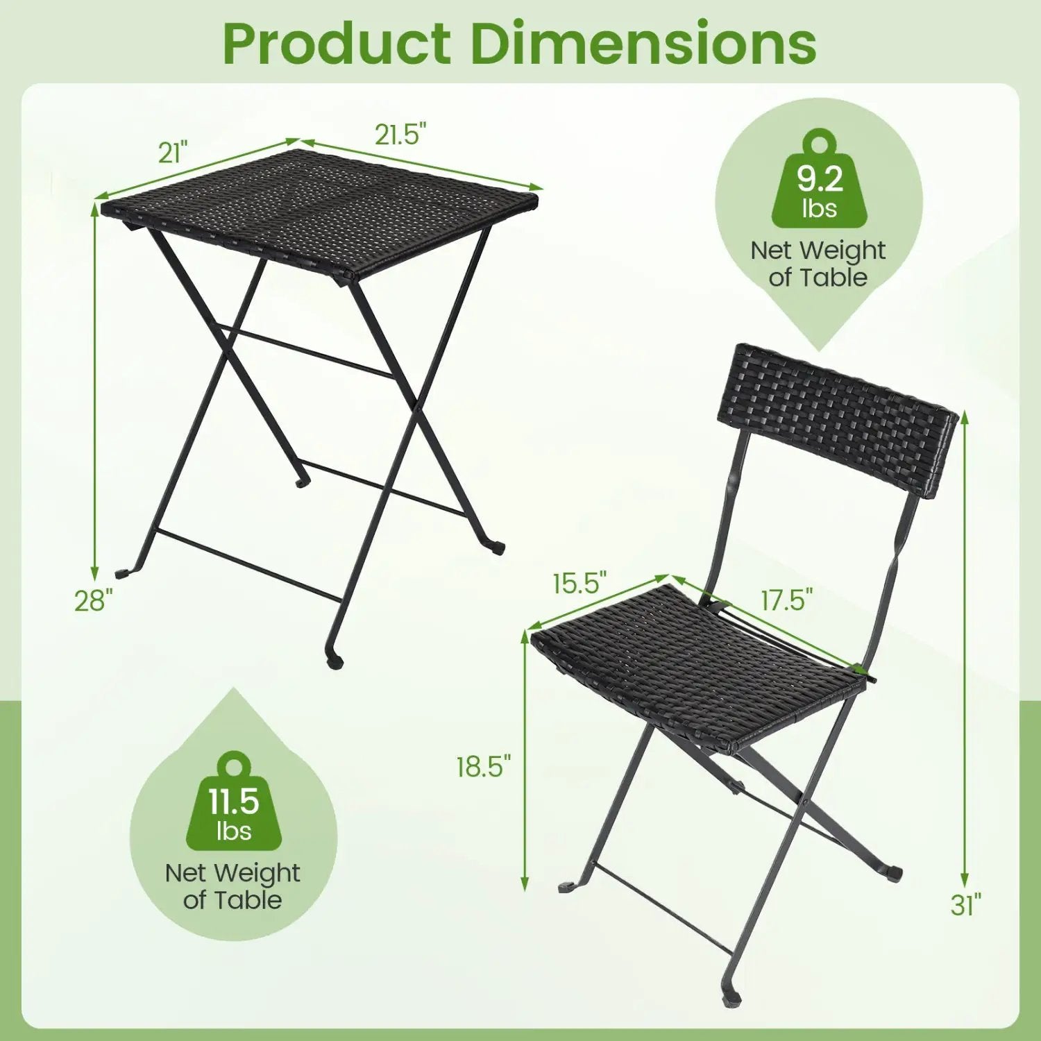 3-Piece Folding Bistro Set with PE Wicker and Metal Frame by DirectDeals