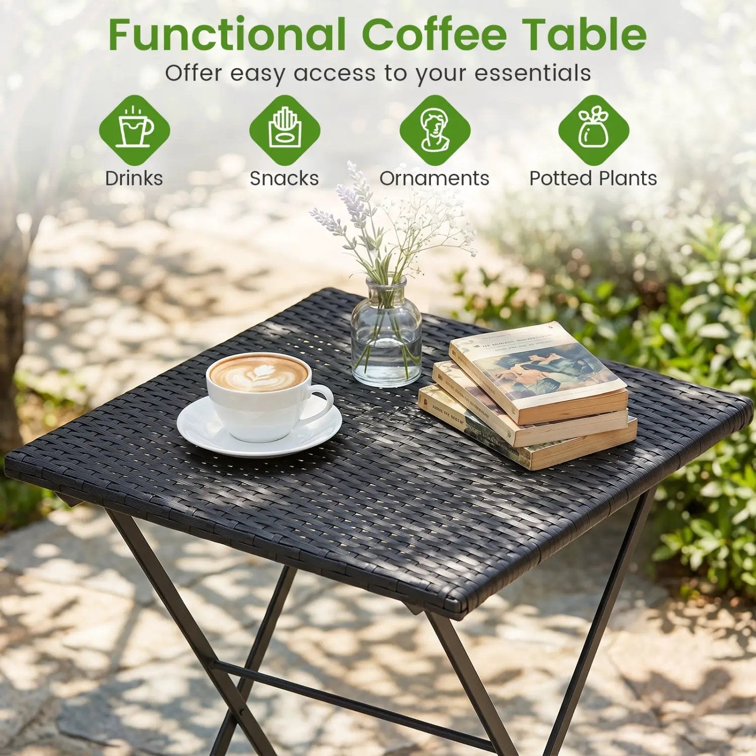 3-Piece Folding Bistro Set with PE Wicker and Metal Frame by DirectDeals