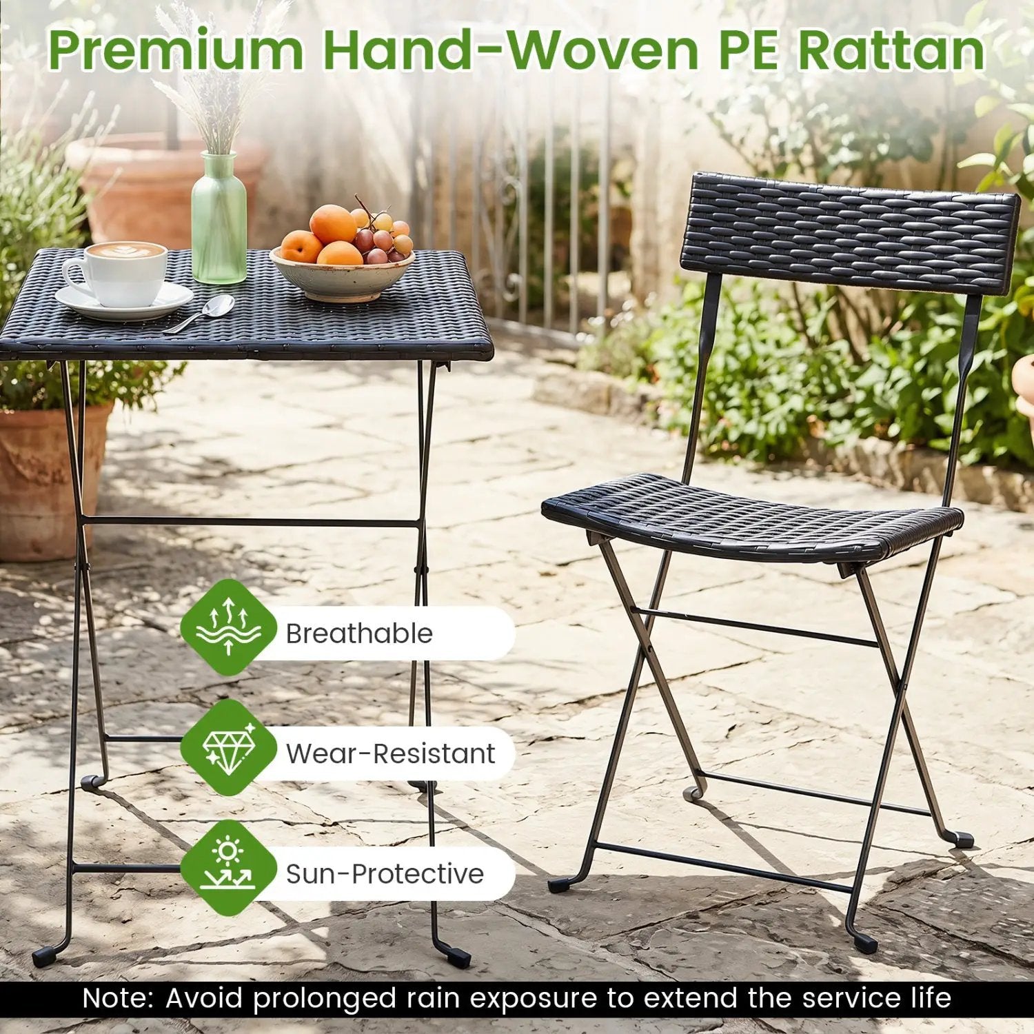 3-Piece Folding Bistro Set with PE Wicker and Metal Frame by DirectDeals