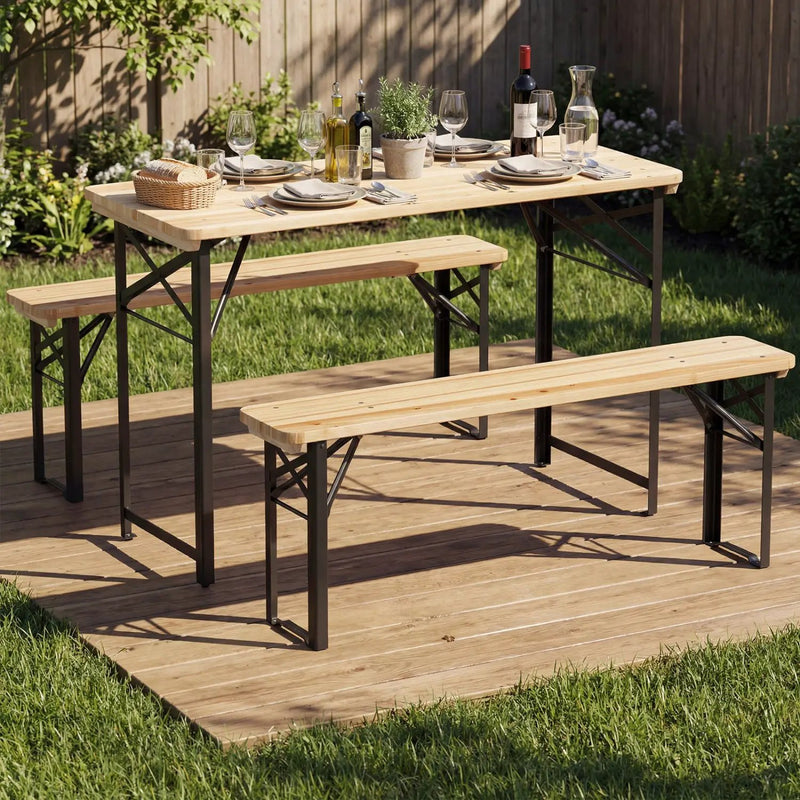 3-Piece Folding Picnic Table with Benches Fir Wood Portable Bear Camping SET by DirectDeals