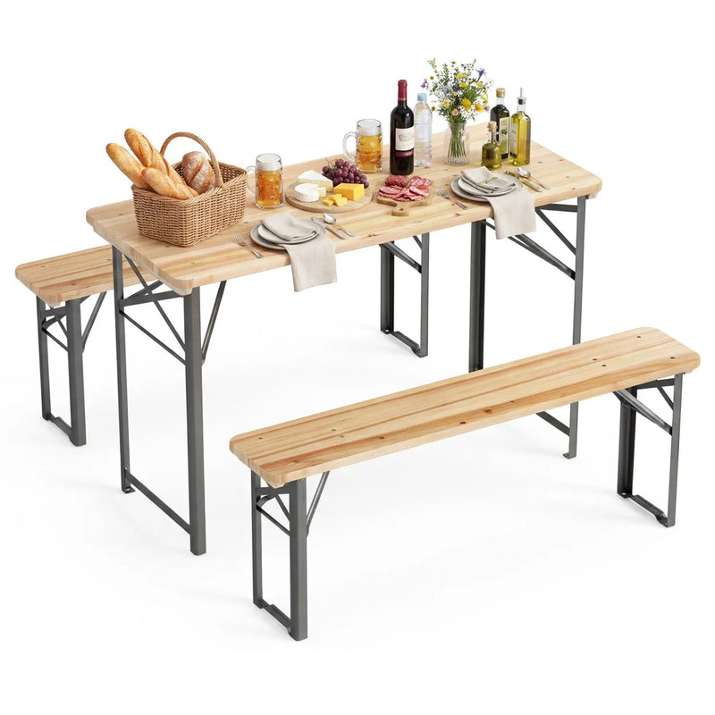 3-Piece Folding Picnic Table with Benches Fir Wood Portable Bear Camping SET by DirectDeals