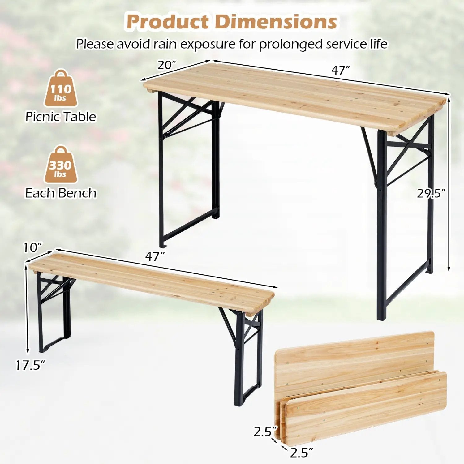 3-Piece Folding Picnic Table with Benches Fir Wood Portable Bear Camping SET by DirectDeals