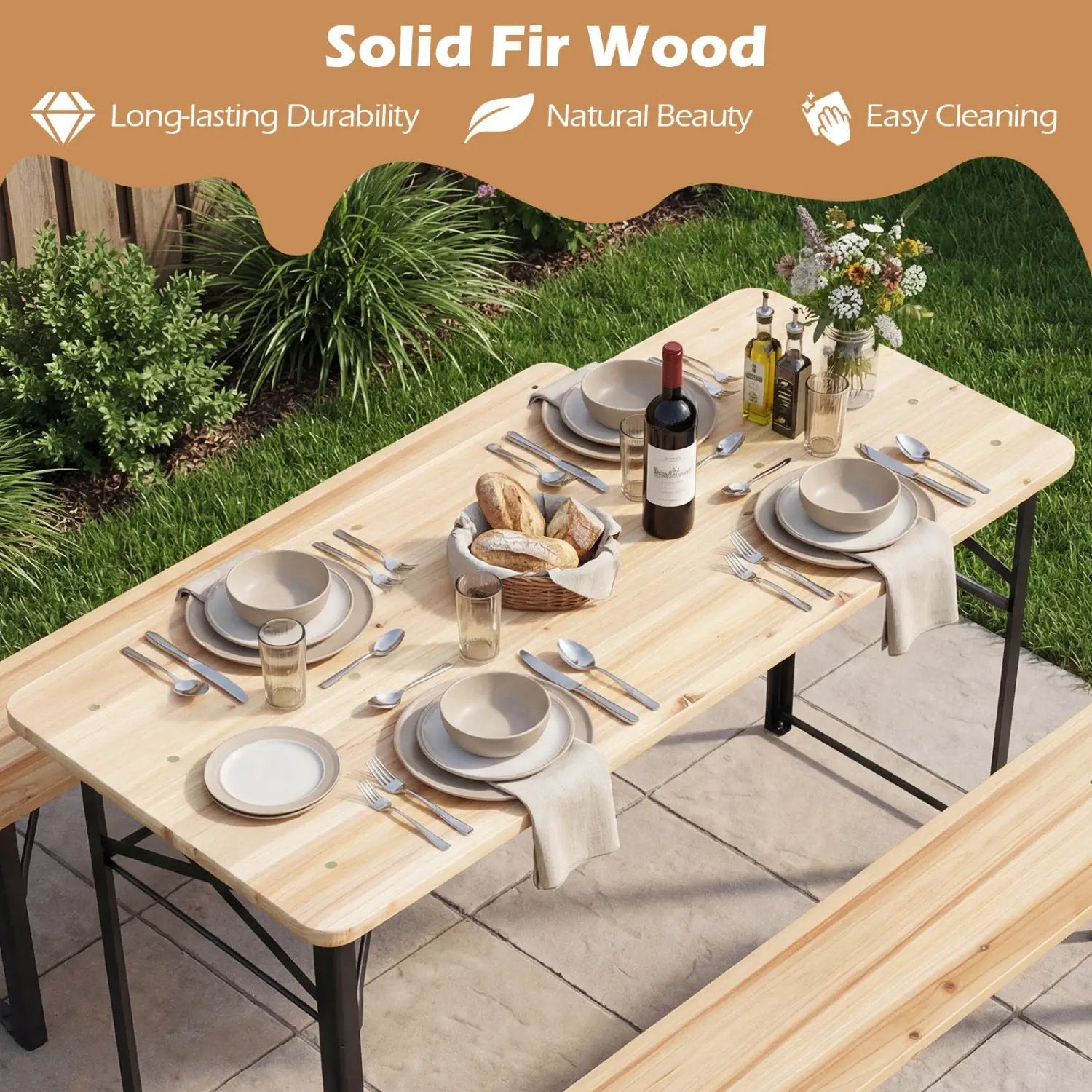 3-Piece Folding Picnic Table with Benches Fir Wood Portable Bear Camping SET by DirectDeals