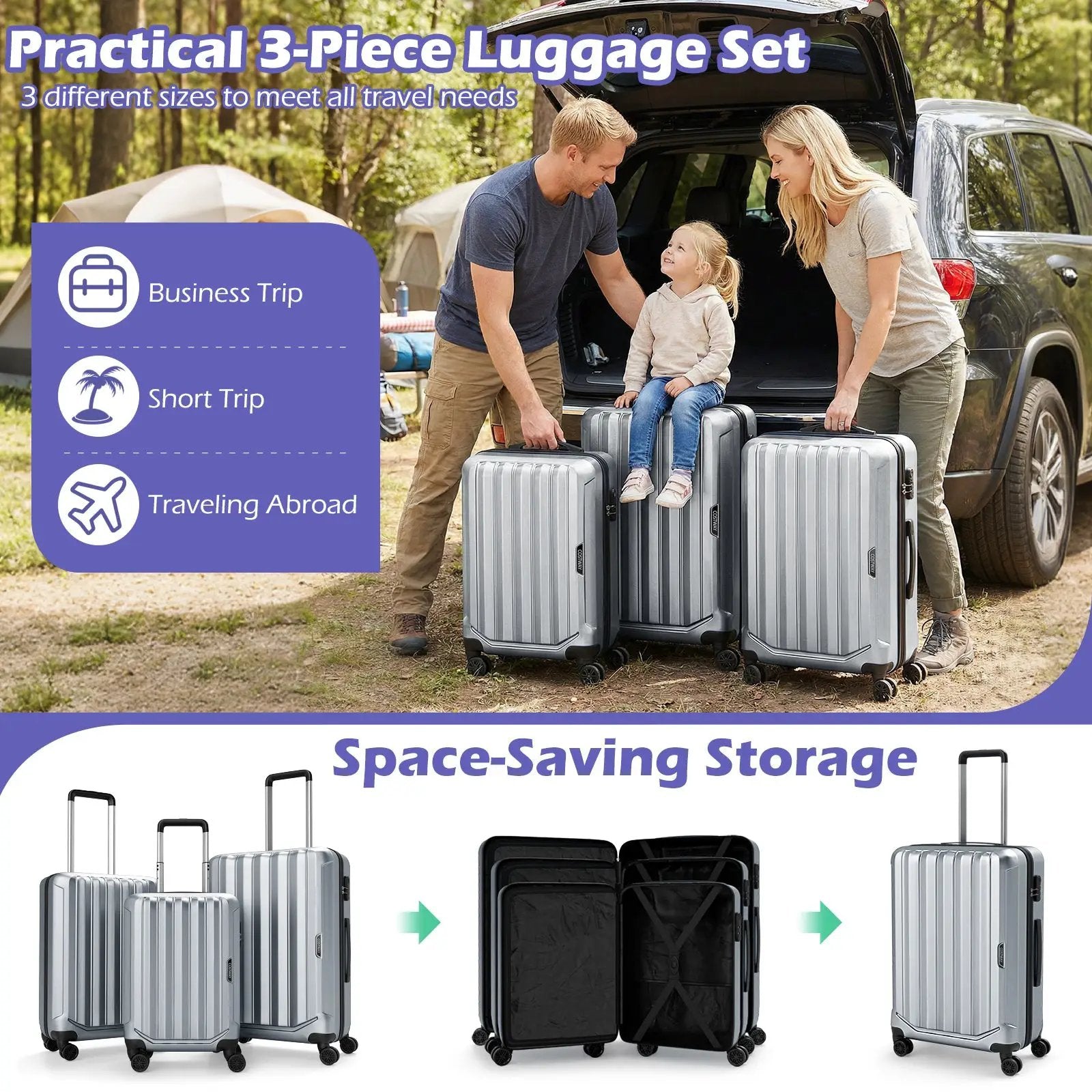 3-Piece Hardside Luggage Set (20/24/28 Inch) Lightweight with 3-Digital Lock by DirectDeals