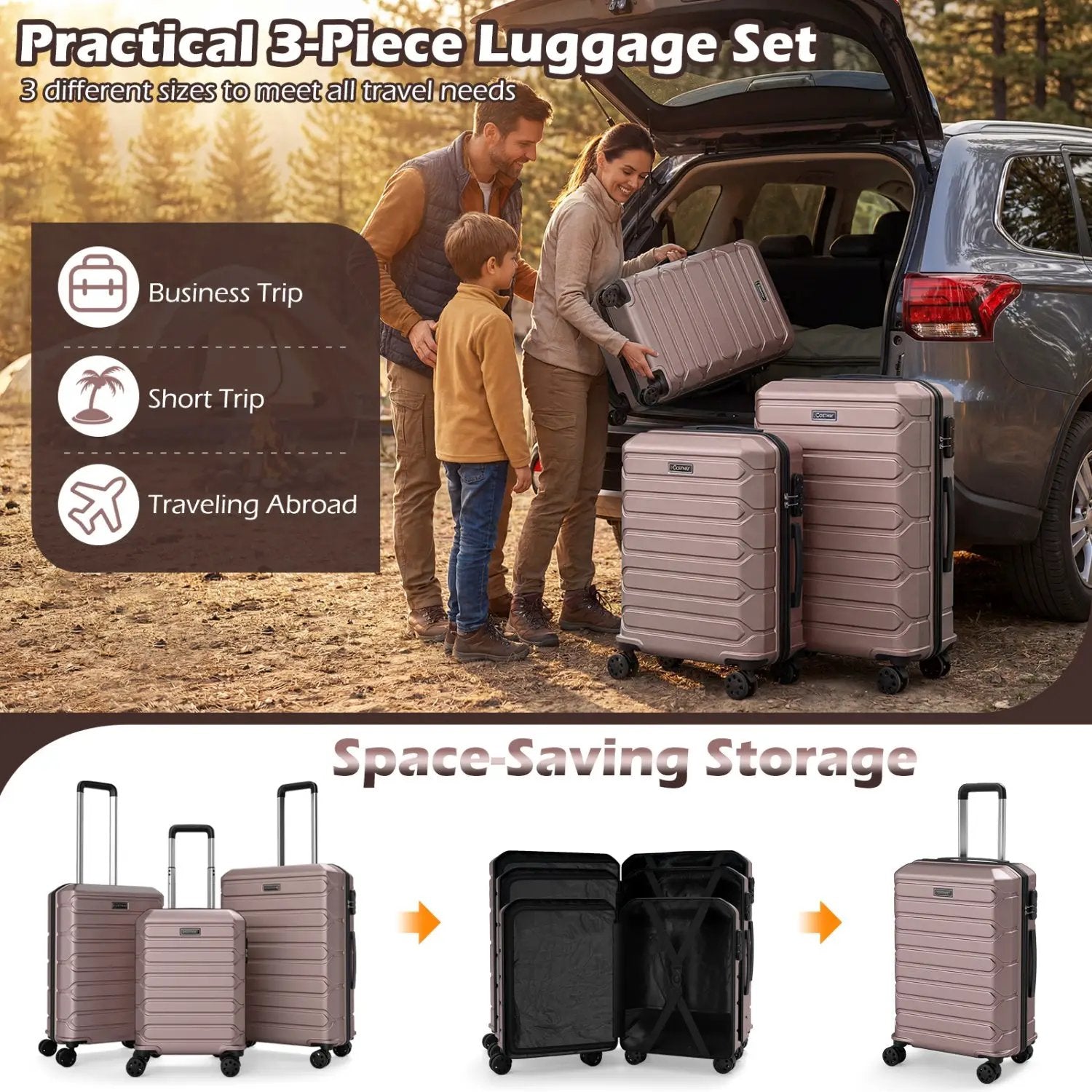 3-Piece Hardside Luggage Set Lightweight Hardside Suitcases with 8-Spinner Wheels by DirectDeals