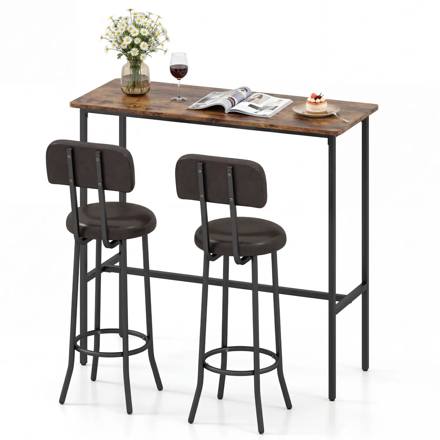 3-Piece Industrial Bar Table Set with 2 Upholstered Stools and Footrests for Dining Room by DirectDeals