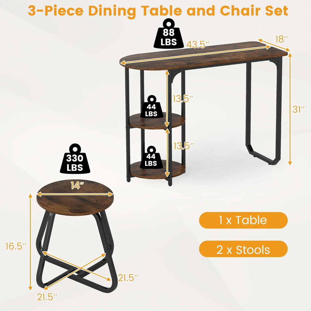 3-Piece Industrial Dining Table Set for Small Space by DirectDeals