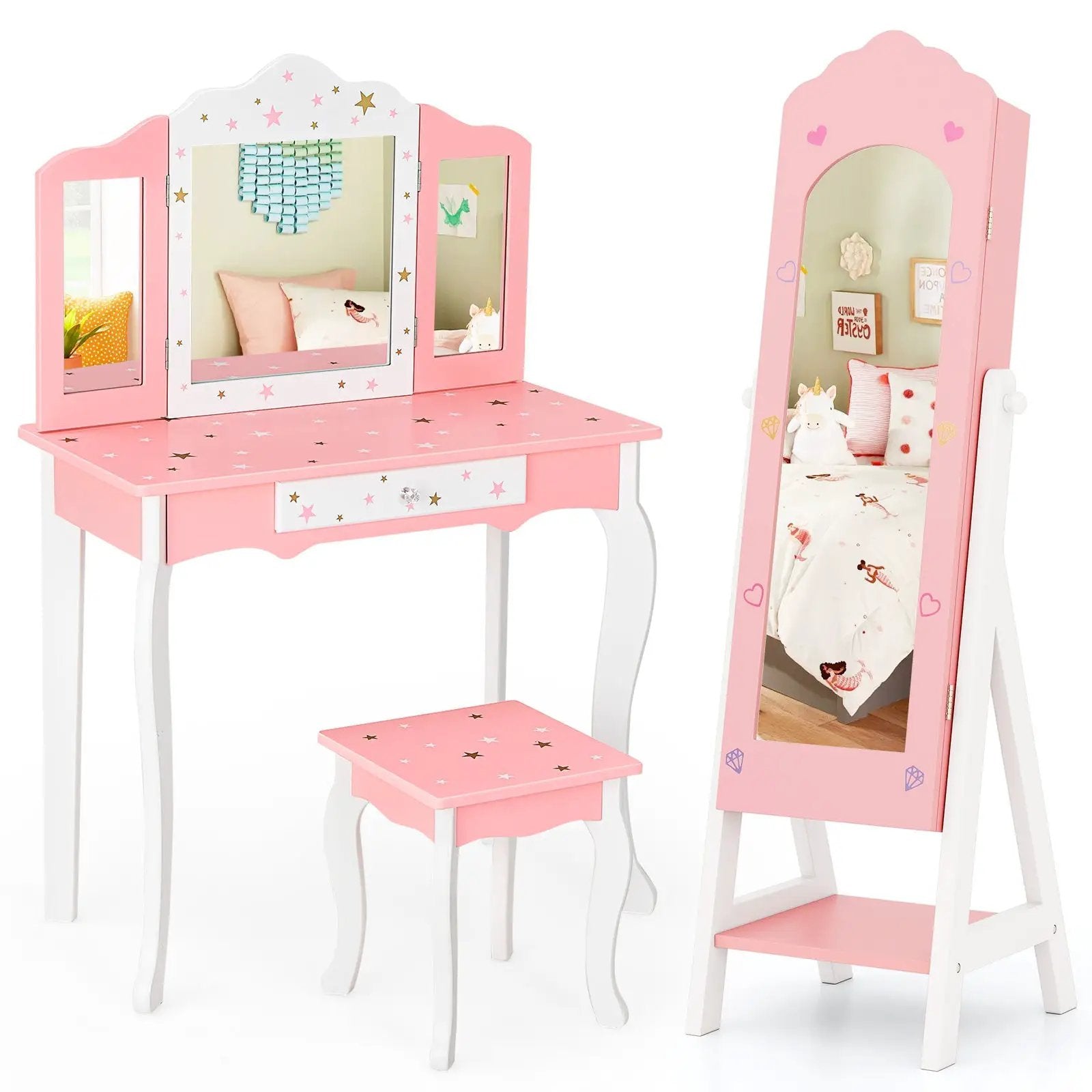 2 Pieces Kids Vanity Set and Jewelry Armoire Cabinet with Full-length Mirror by DirectDeals