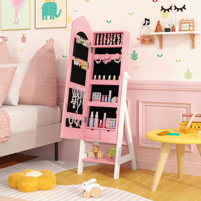 2 Pieces Kids Vanity Set and Jewelry Armoire Cabinet with Full-length Mirror by DirectDeals