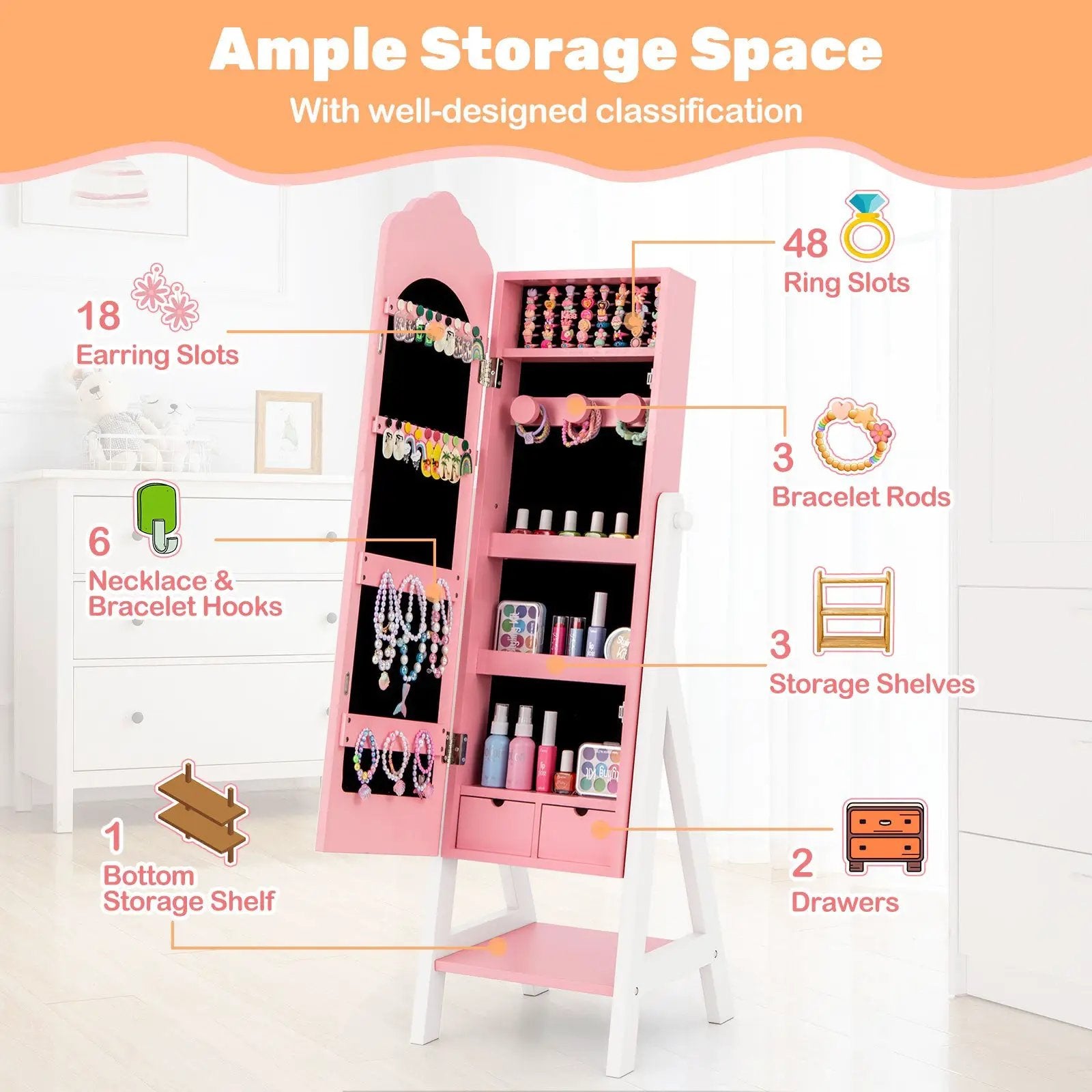 2 Pieces Kids Vanity Set and Jewelry Armoire Cabinet with Full-length Mirror by DirectDeals