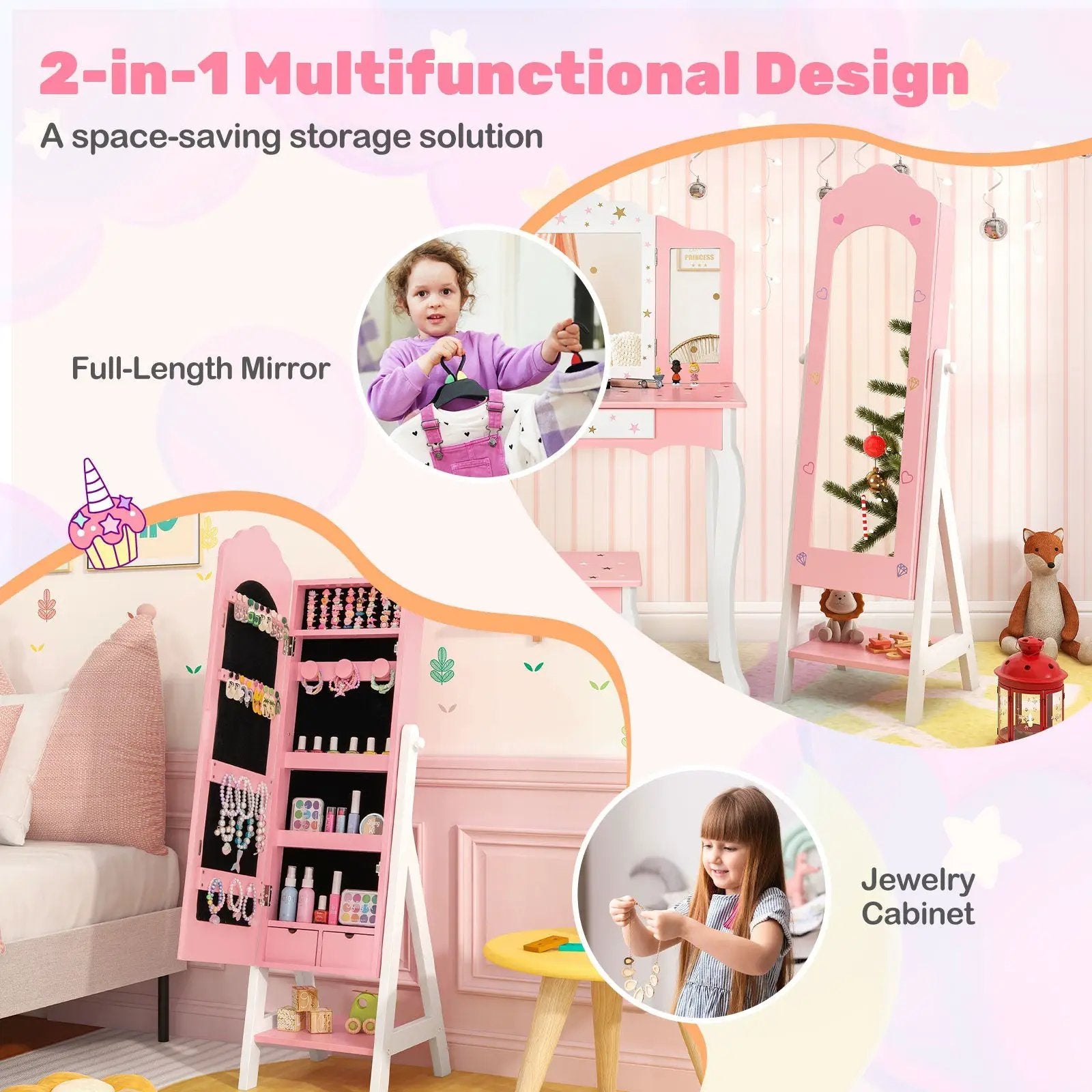 2 Pieces Kids Vanity Set and Jewelry Armoire Cabinet with Full-length Mirror by DirectDeals