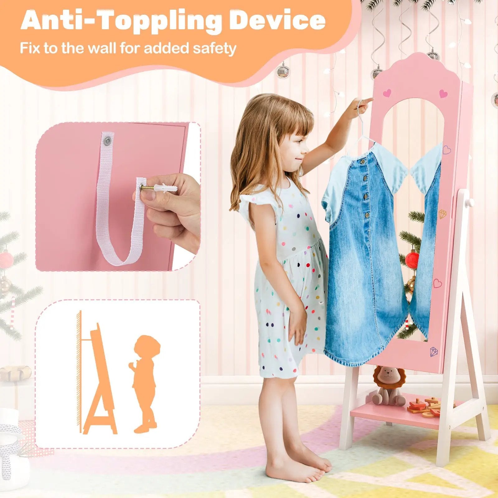 2 Pieces Kids Vanity Set and Jewelry Armoire Cabinet with Full-length Mirror by DirectDeals