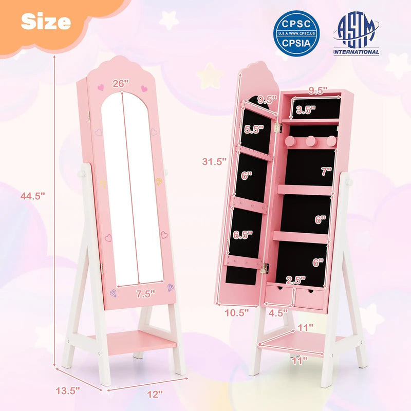 2 Pieces Kids Vanity Set and Jewelry Armoire Cabinet with Full-length Mirror by DirectDeals