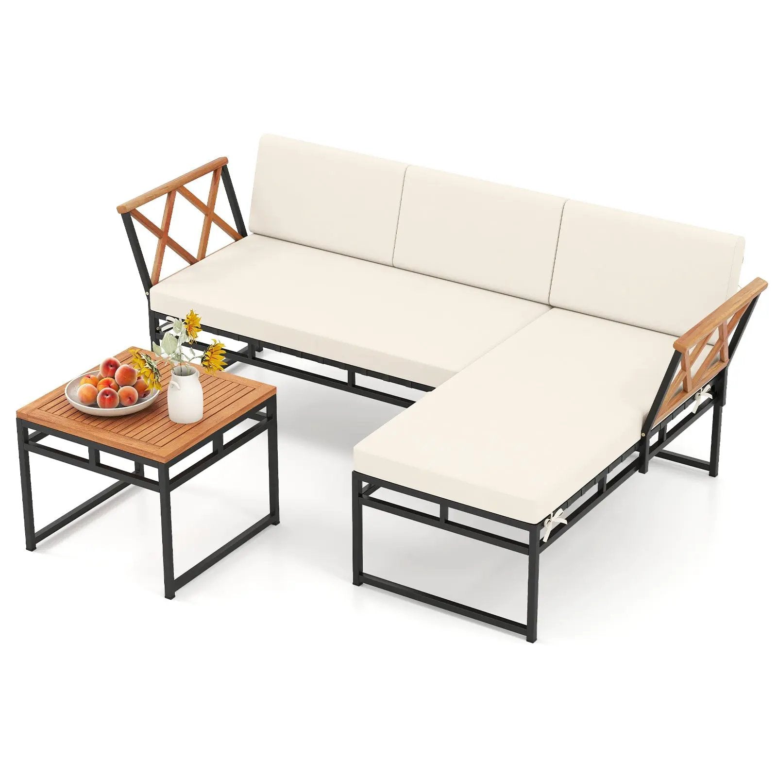 3-Piece L-Shaped Patio Furniture Set for Porch Backyard and Poolside-Beige by DirectDeals