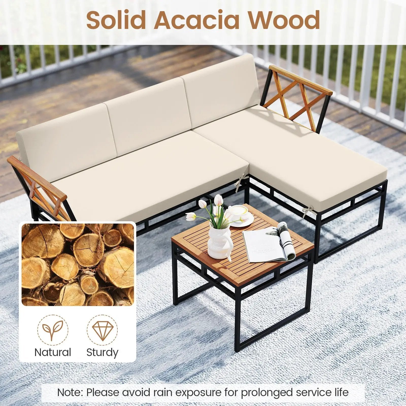 3-Piece L-Shaped Patio Furniture Set for Porch Backyard and Poolside-Beige by DirectDeals