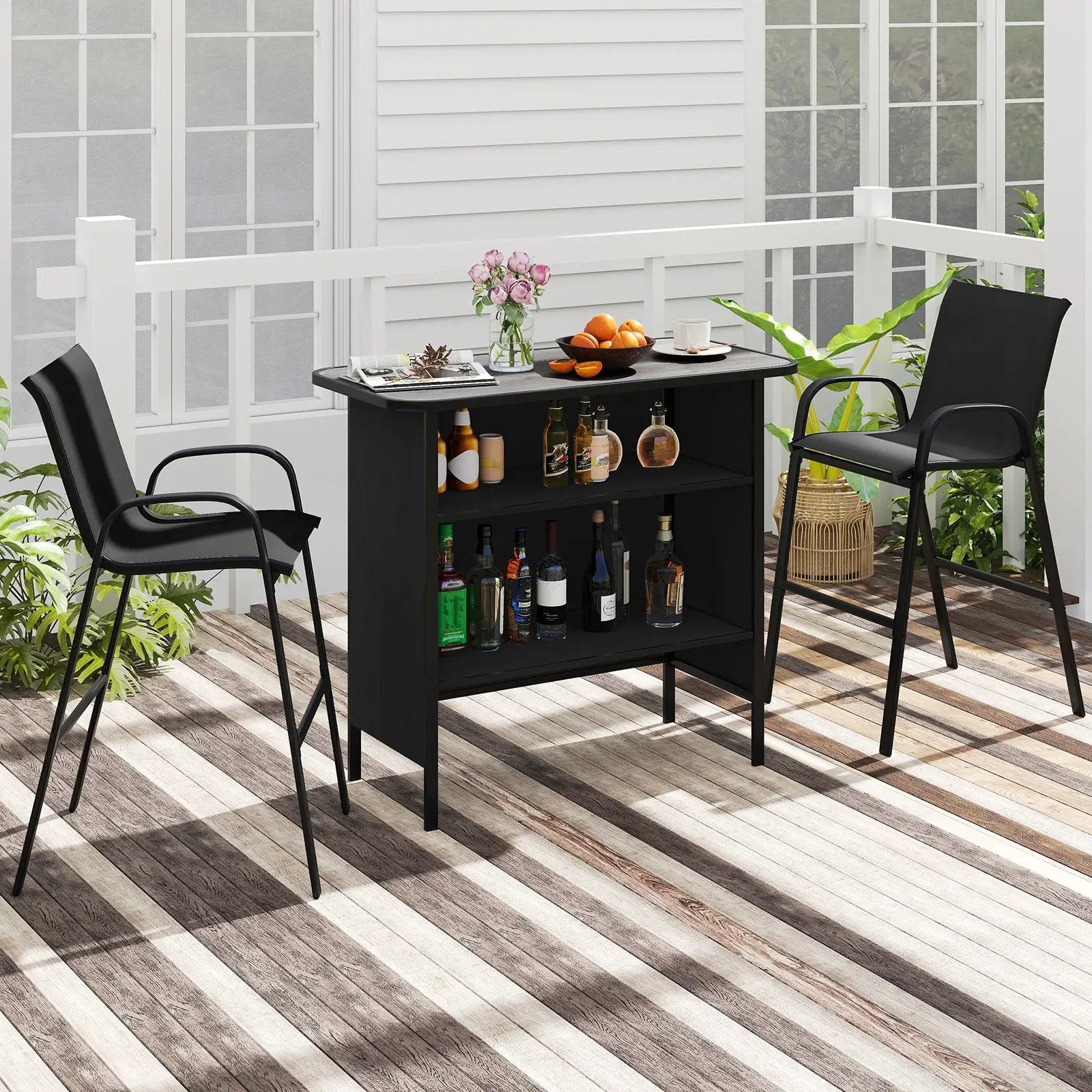 3 Piece Outdoor Bar Set with Footrest and 2-Tier Shelf by DirectDeals