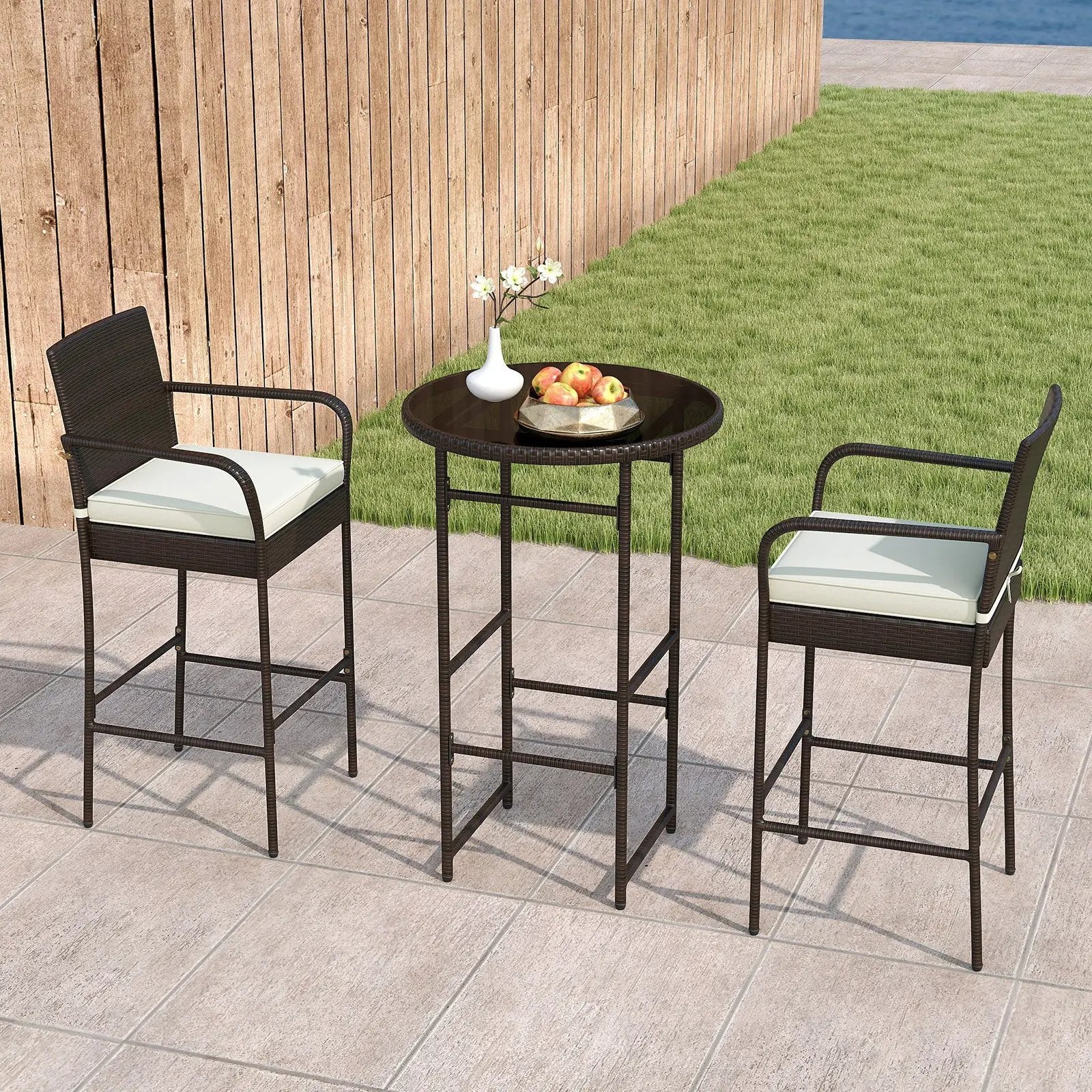 3 Piece Outdoor Bar Set with 2 Seat Cushions for Porch Yard-White by DirectDeals