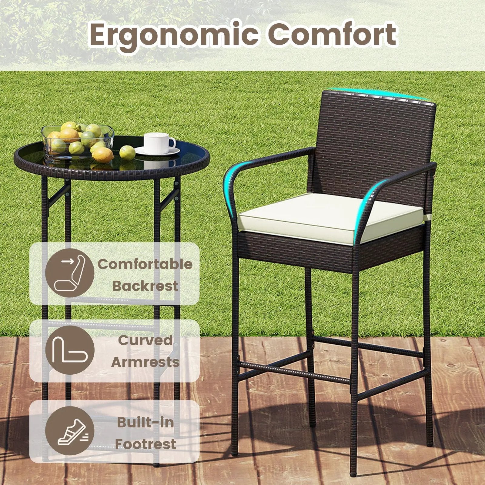 3 Piece Outdoor Bar Set with 2 Seat Cushions for Porch Yard-White by DirectDeals