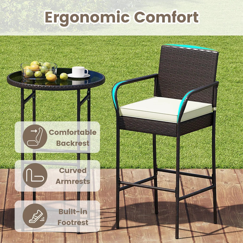 3 Piece Outdoor Bar Set with 2 Seat Cushions for Porch Yard-White by DirectDeals