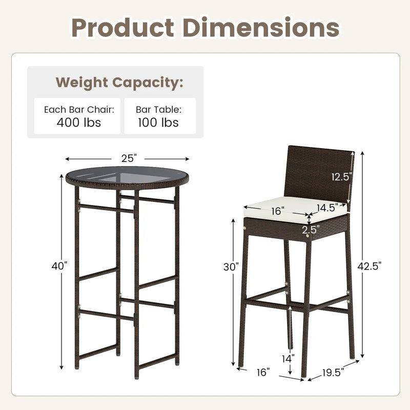 3 Piece Outdoor Bar Set Patio Heavy-Duty Metal Barstool and Table Set-White by DirectDeals