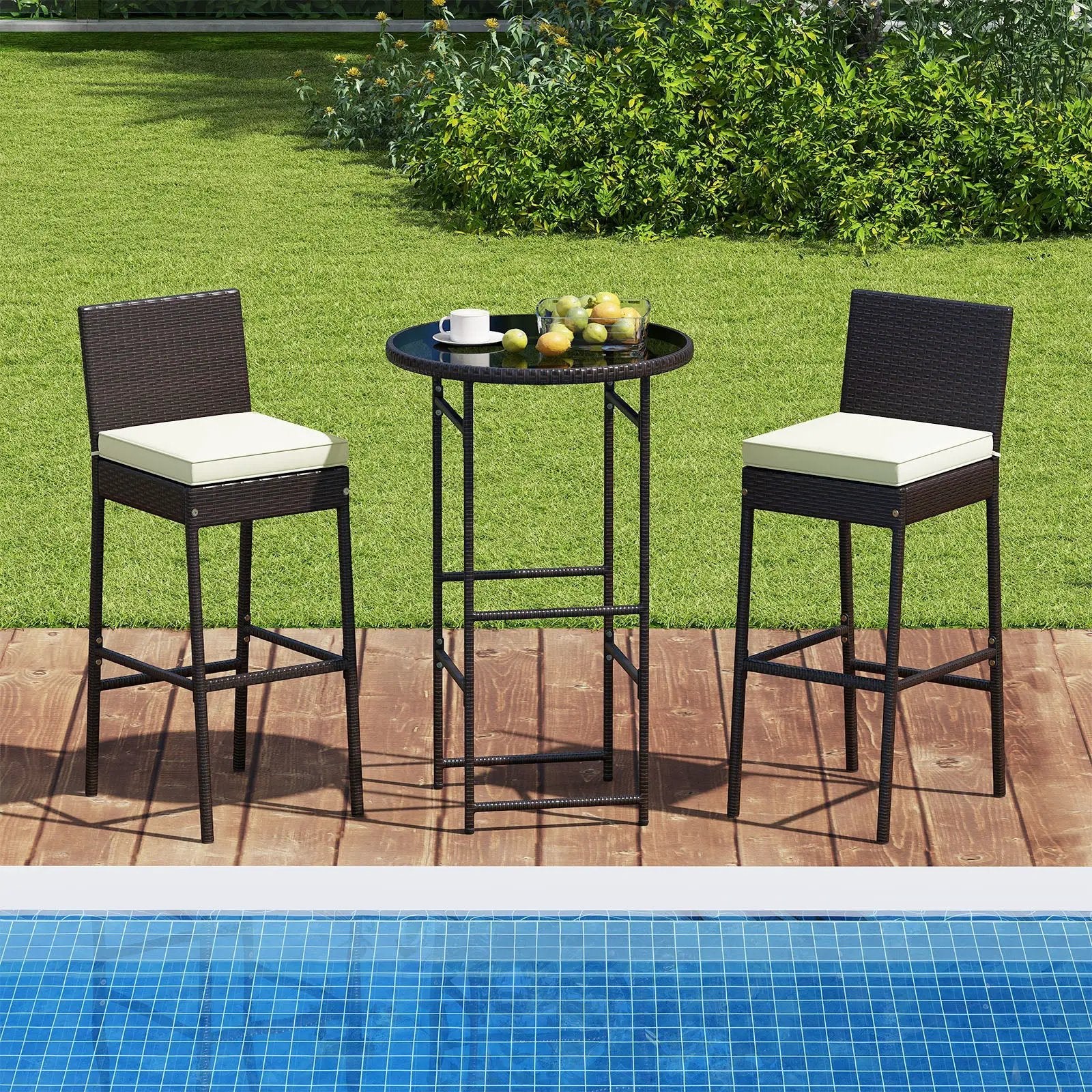 3 Piece Outdoor Bar Set Patio Heavy-Duty Metal Barstool and Table Set-White by DirectDeals
