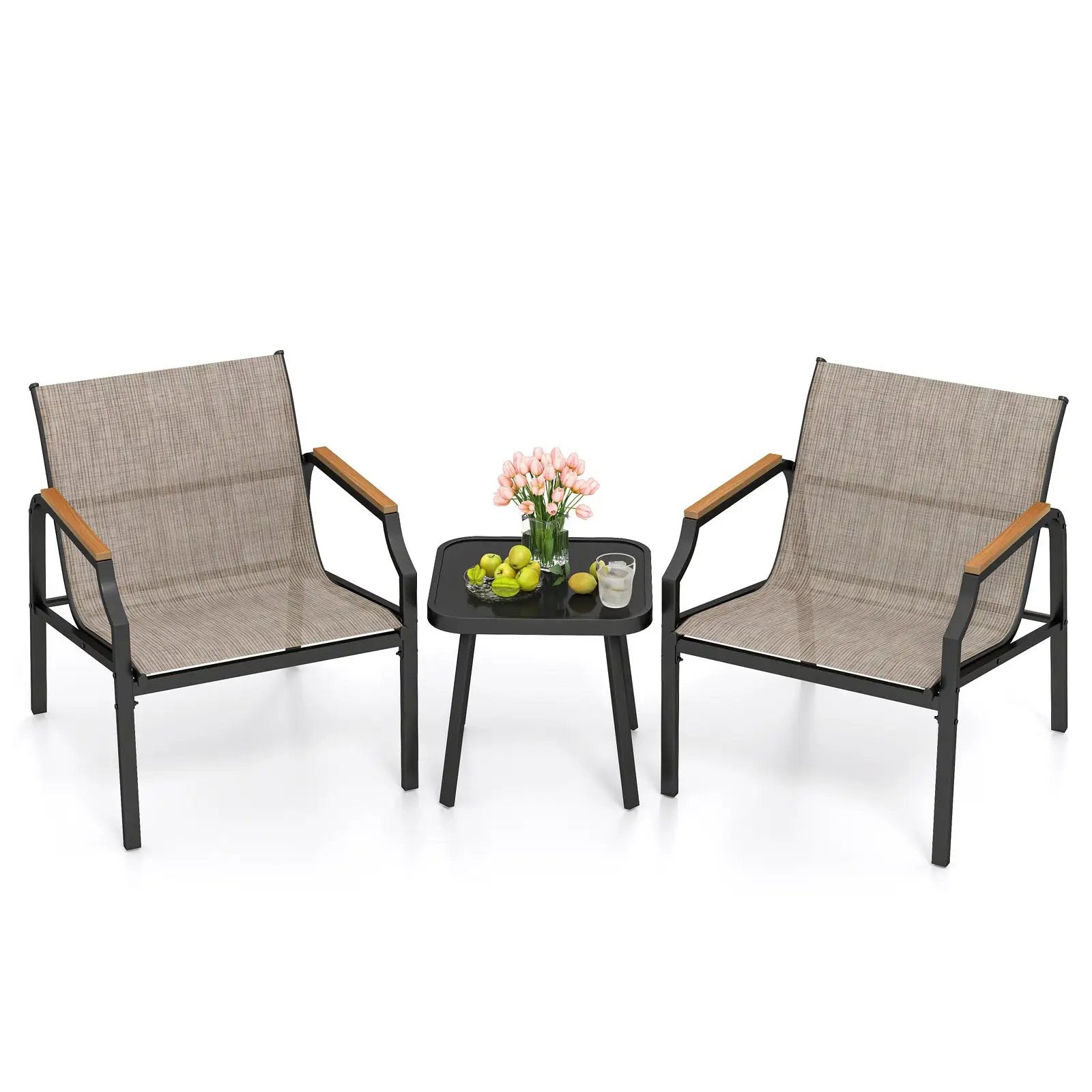 3 Piece Outdoor Chair Set with Breathable Fabric Seat and Armrests-Brown by DirectDeals