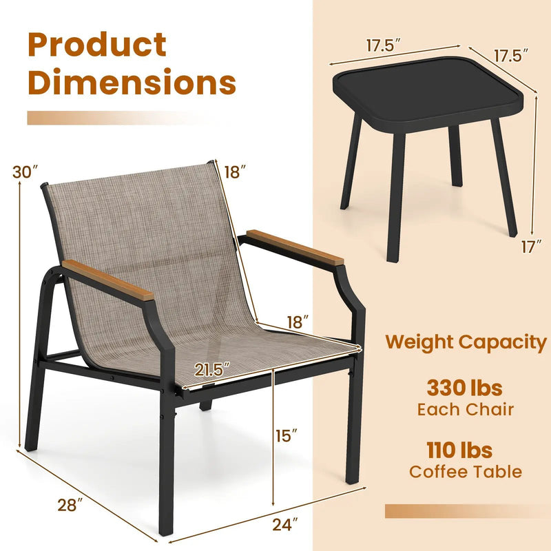 3 Piece Outdoor Chair Set with Breathable Fabric Seat and Armrests-Brown by DirectDeals