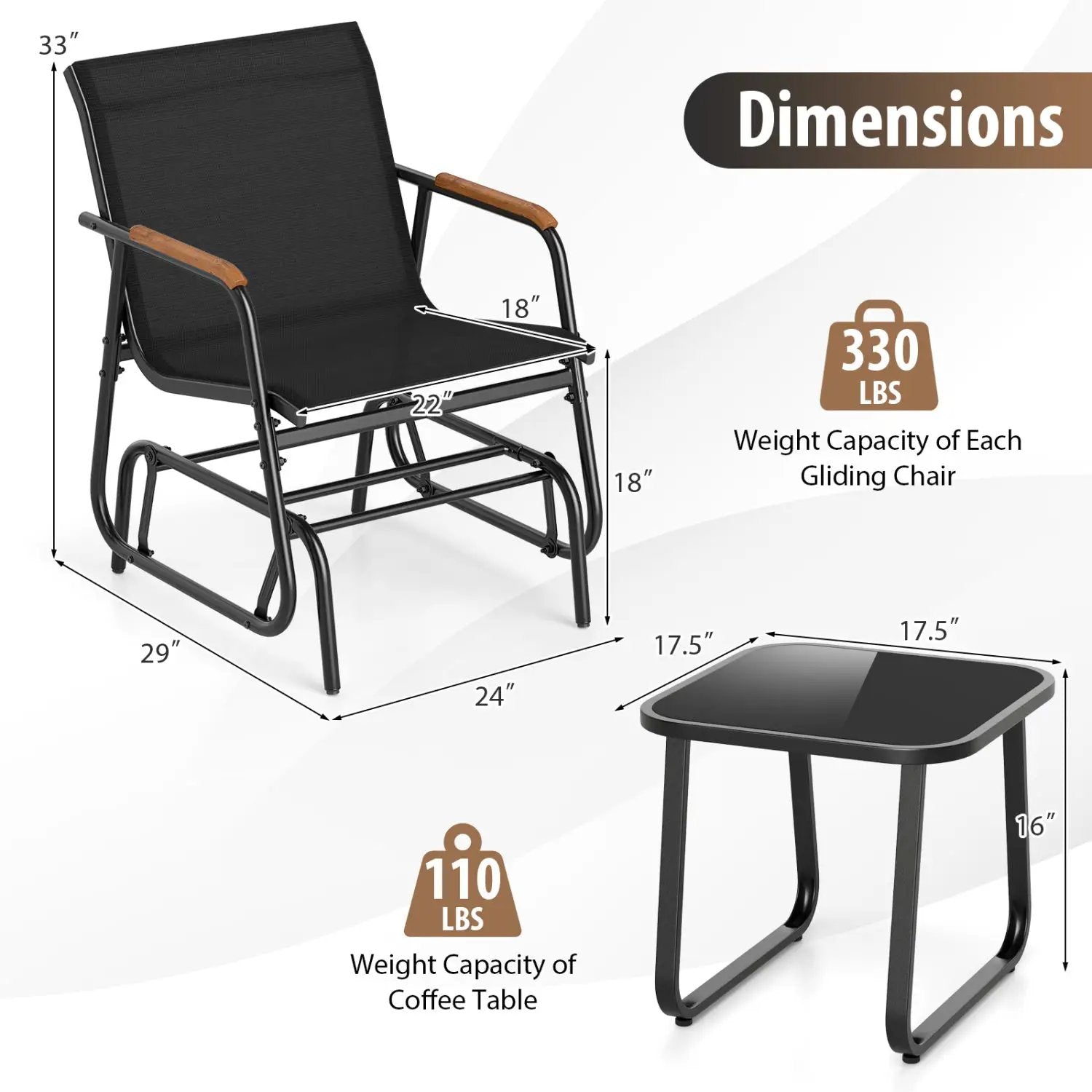 3-Piece Outdoor Glider Bistro Set with Tempered Glass Table by DirectDeals