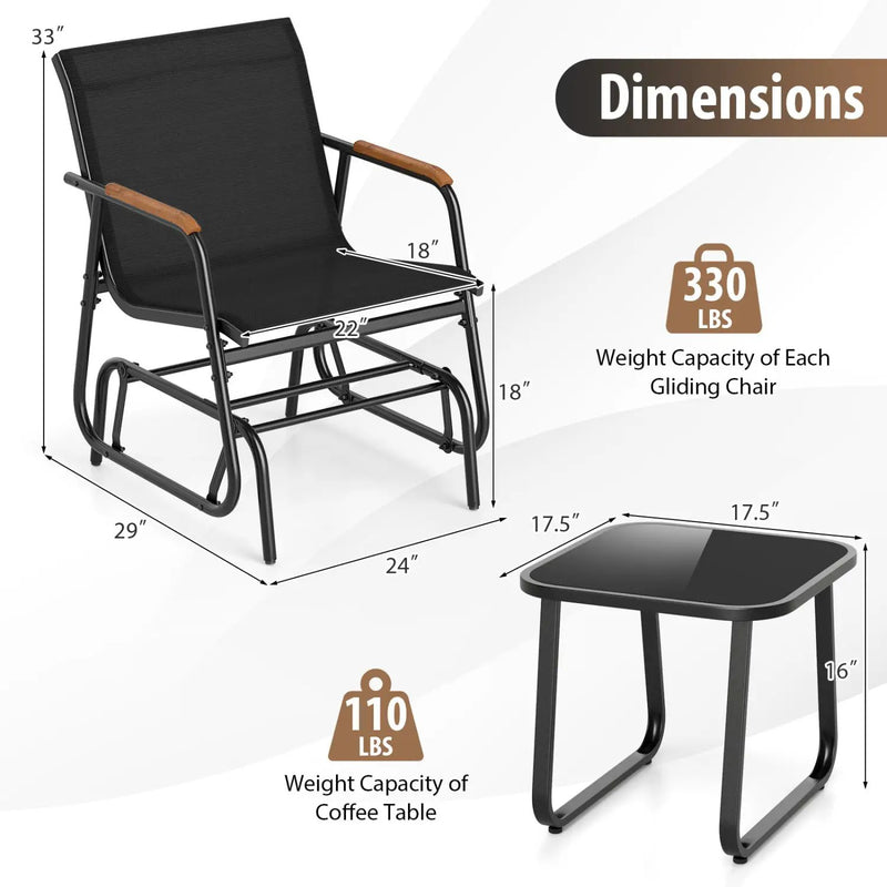 3-Piece Outdoor Glider Bistro Set with Tempered Glass Table by DirectDeals