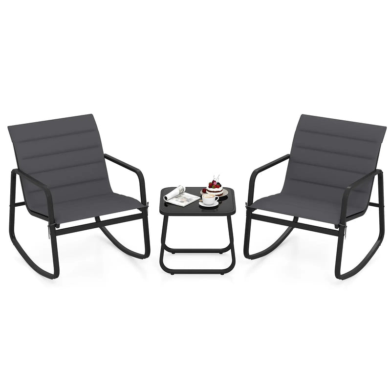 3 Piece Outdoor Rocking Bistro Set Porch Rocker Chairs with Tempered Glass Table-Gray by DirectDeals