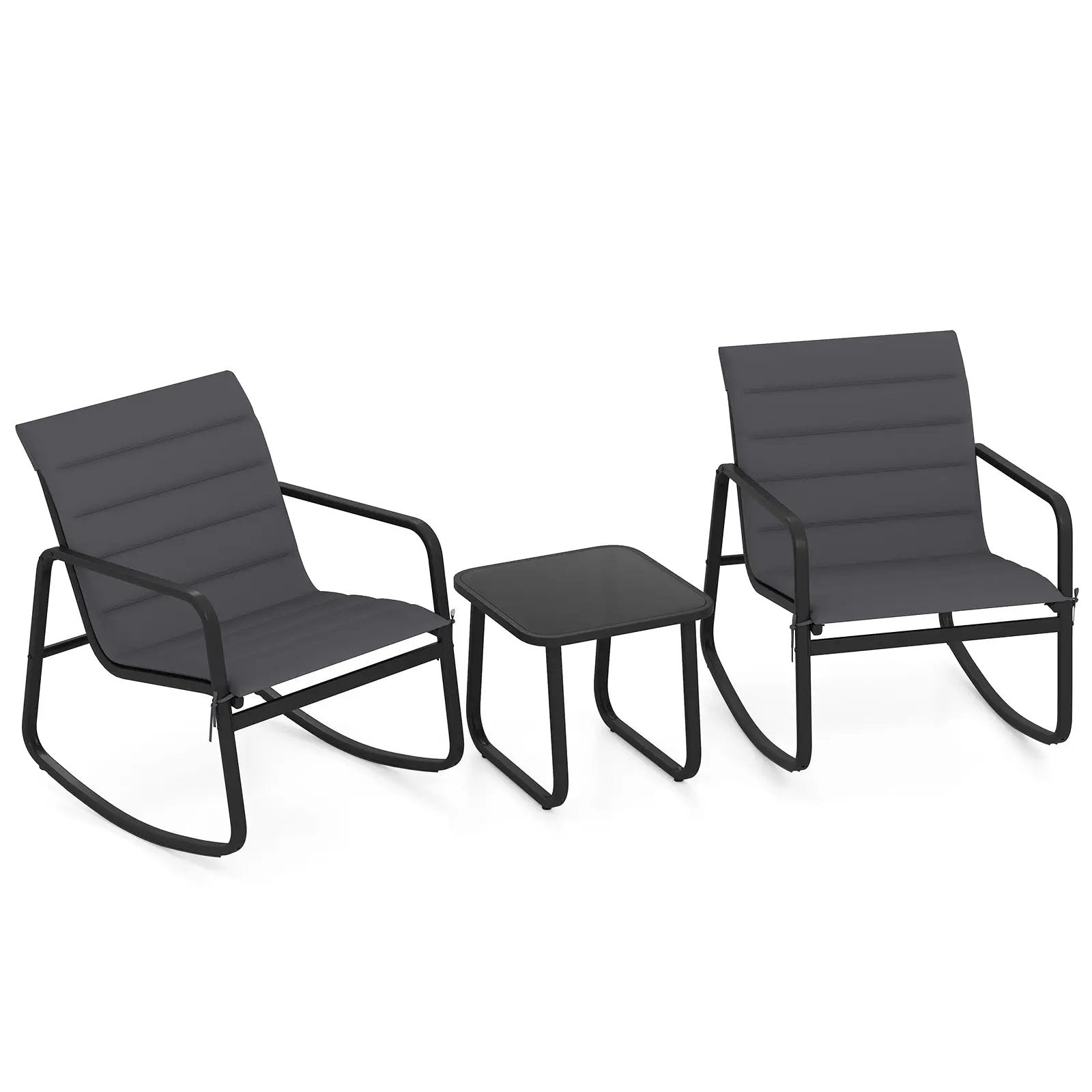 3 Piece Outdoor Rocking Bistro Set Porch Rocker Chairs with Tempered Glass Table-Gray by DirectDeals