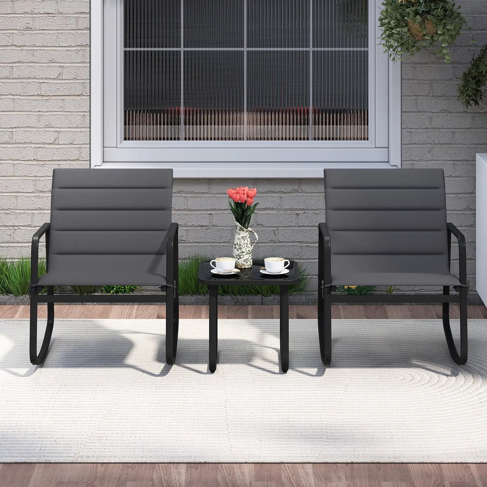 3 Piece Outdoor Rocking Bistro Set Porch Rocker Chairs with Tempered Glass Table-Gray by DirectDeals