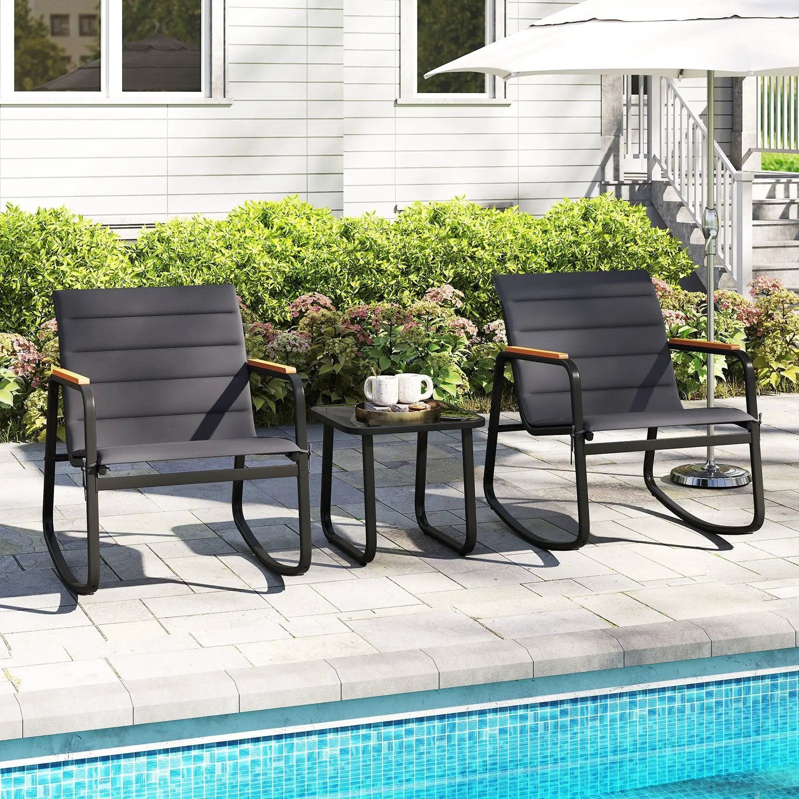 3 Piece Outdoor Rocking Bistro Set Porch Rocker Chairs-Gray by DirectDeals