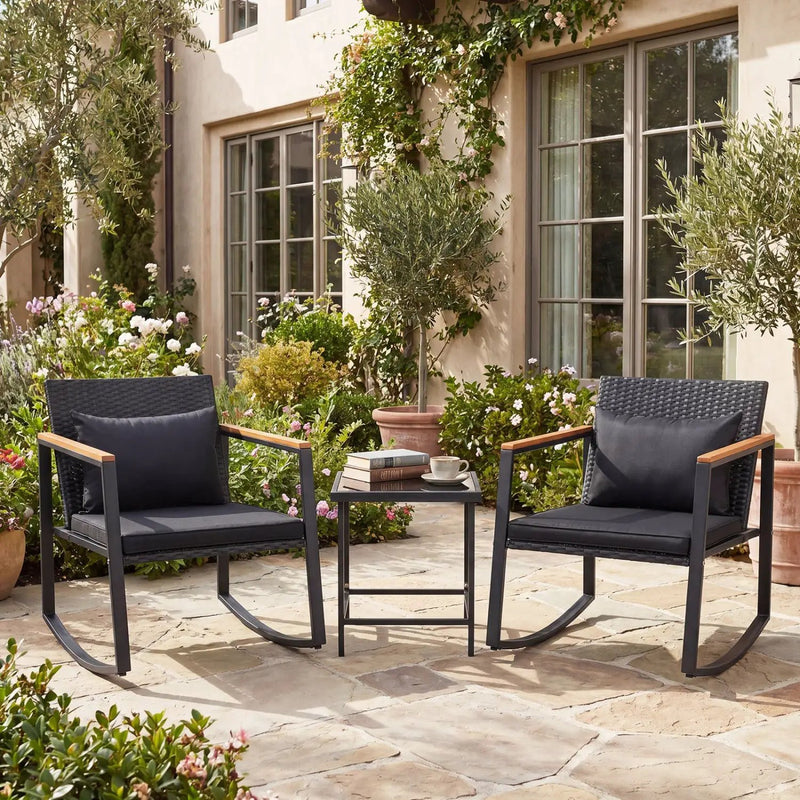 3-Piece Rocking Bistro Set with Cushions & Glass Table by DirectDeals
