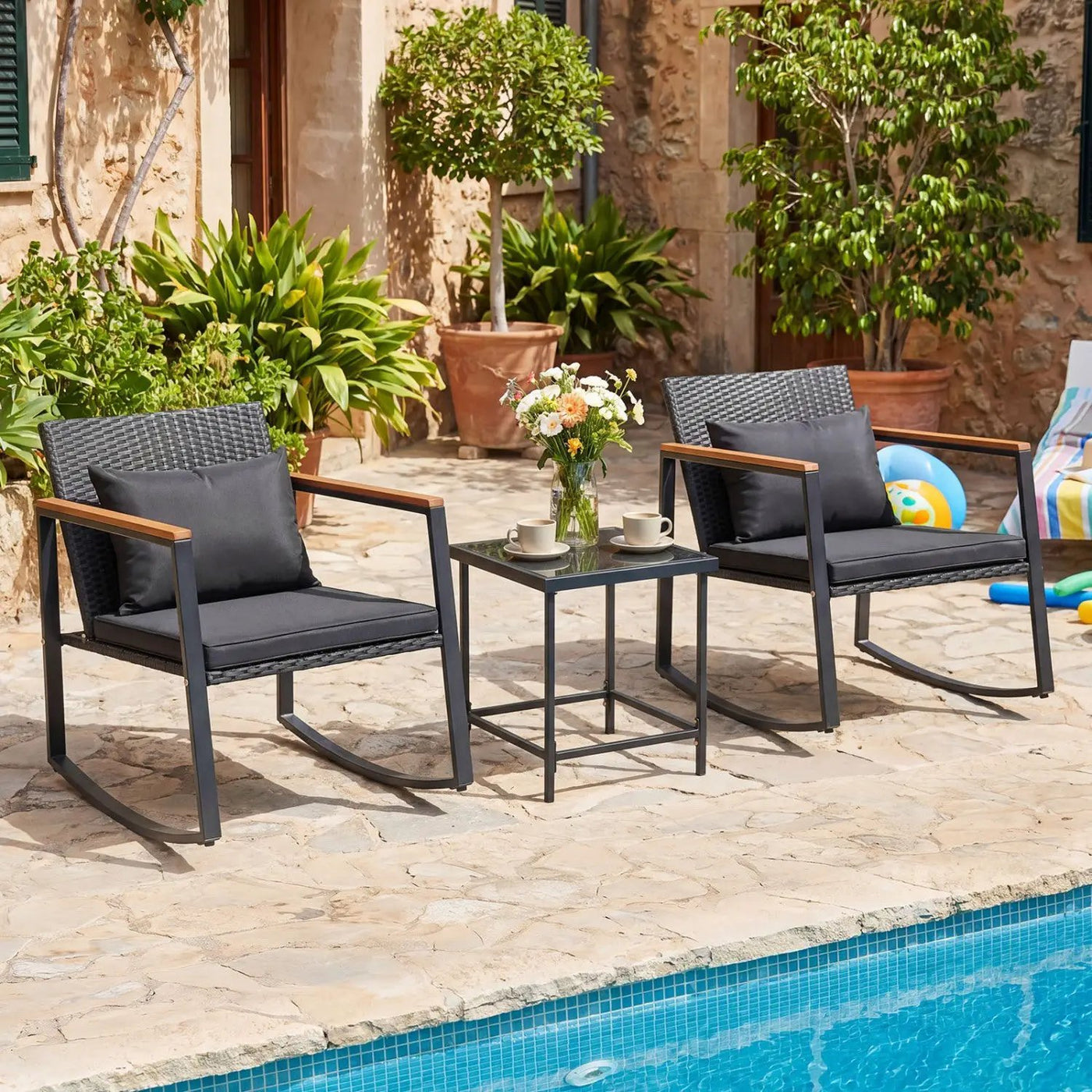3-Piece Rocking Bistro Set with Cushions & Glass Table by DirectDeals