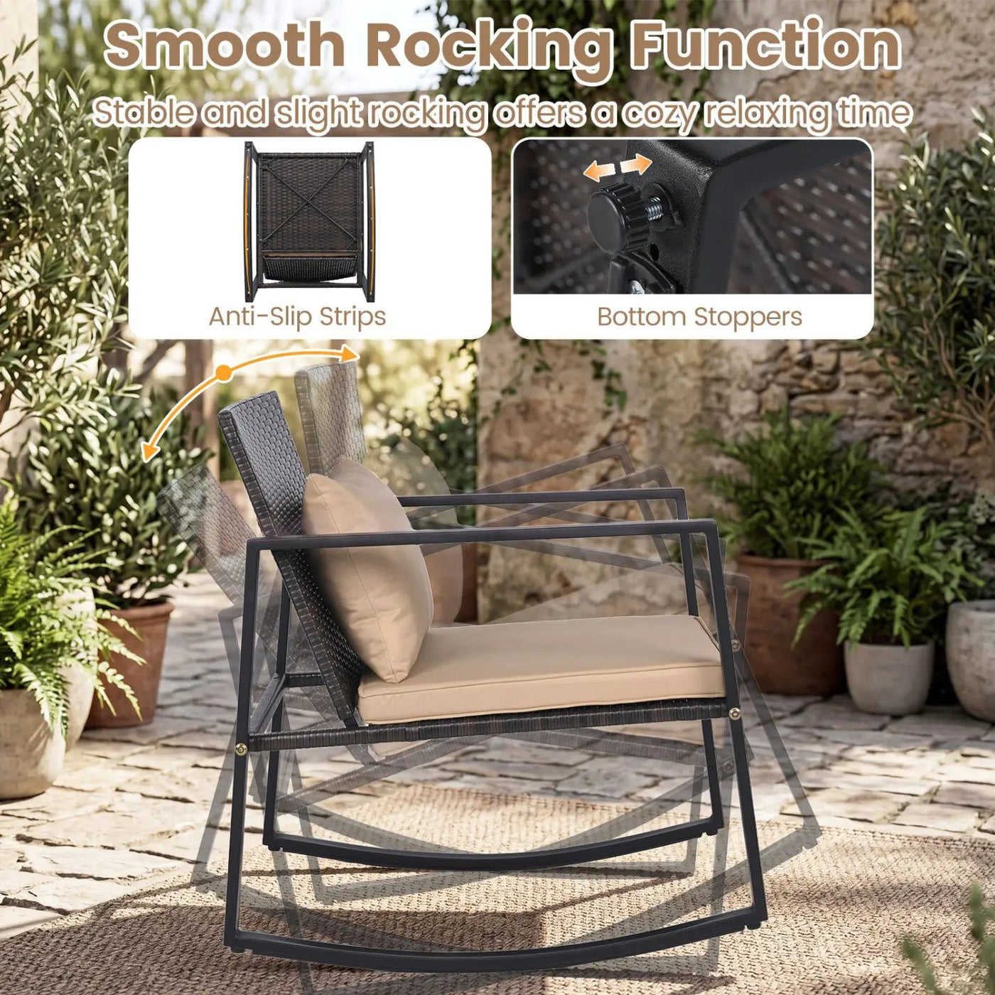 3-Piece Rocking Bistro Set with Cushions & Glass Table by DirectDeals