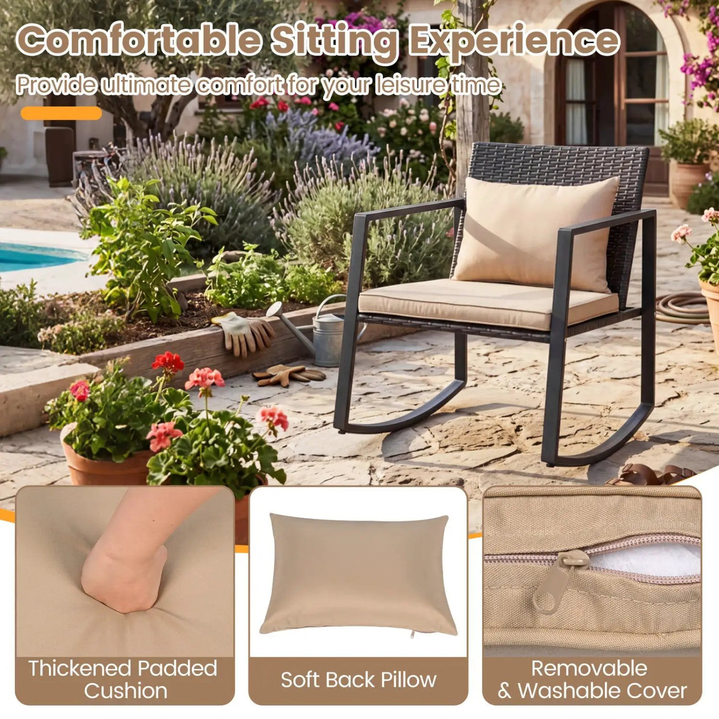 3-Piece Rocking Bistro Set with Cushions & Glass Table by DirectDeals