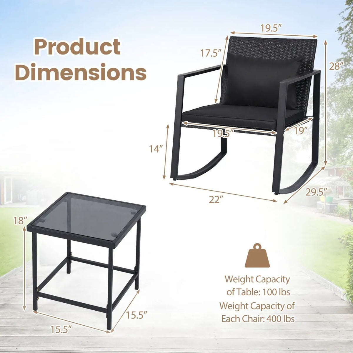 3-Piece Rocking Bistro Set with Cushions & Glass Table by DirectDeals