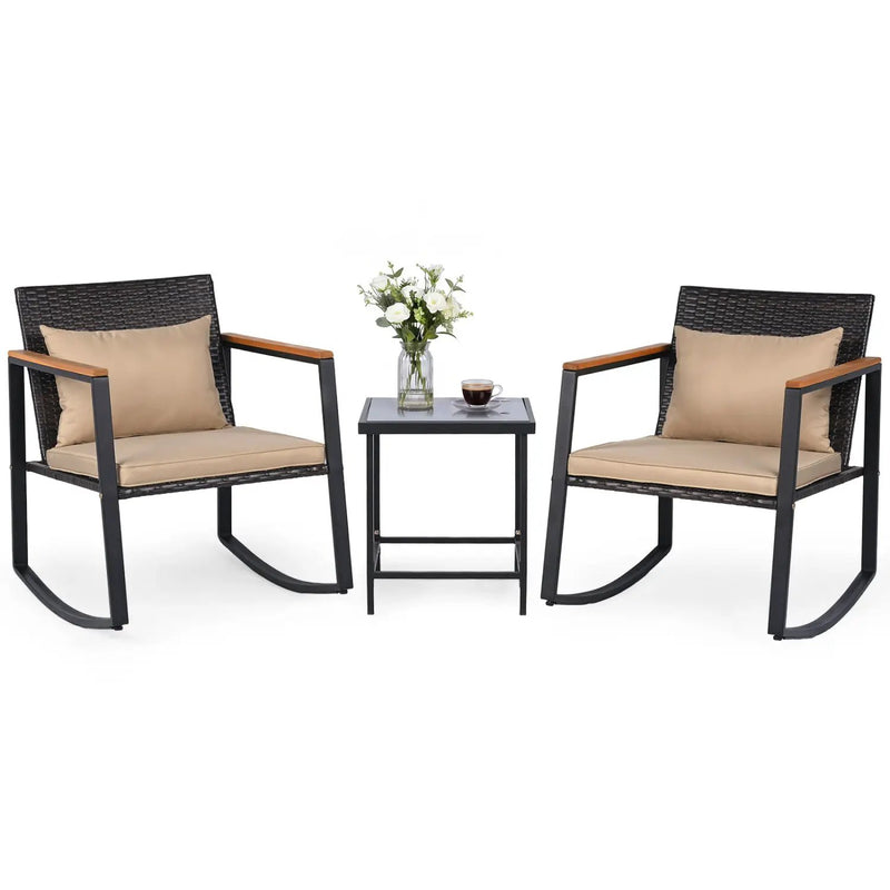 3-Piece Rocking Bistro Set with Cushions & Glass Table by DirectDeals