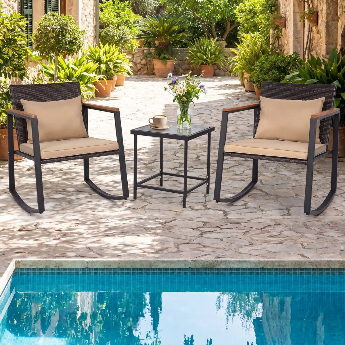 3-Piece Rocking Bistro Set with Cushions & Glass Table by DirectDeals