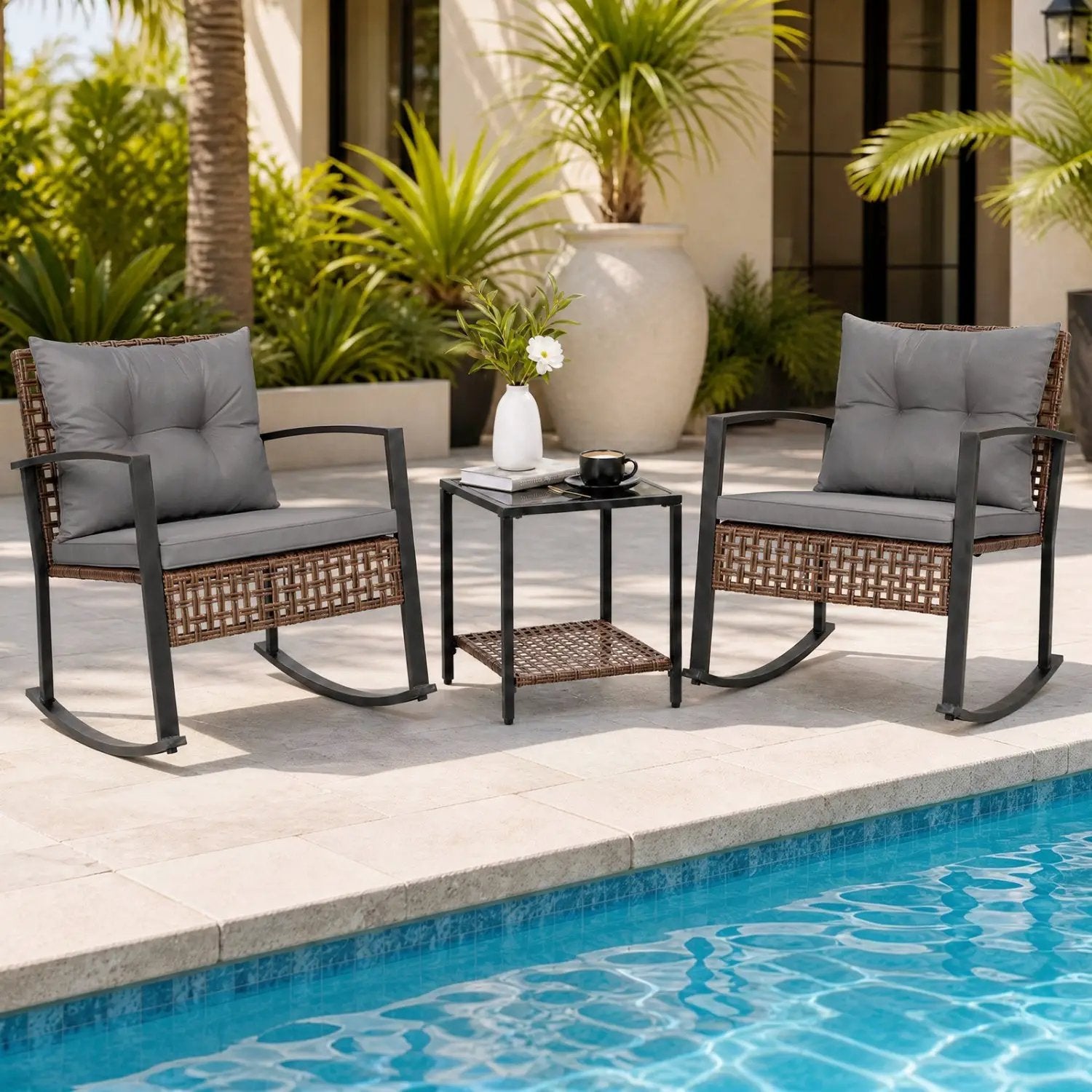 3-Piece Rocking Chair Patio Set with Glass Coffee Table by DirectDeals