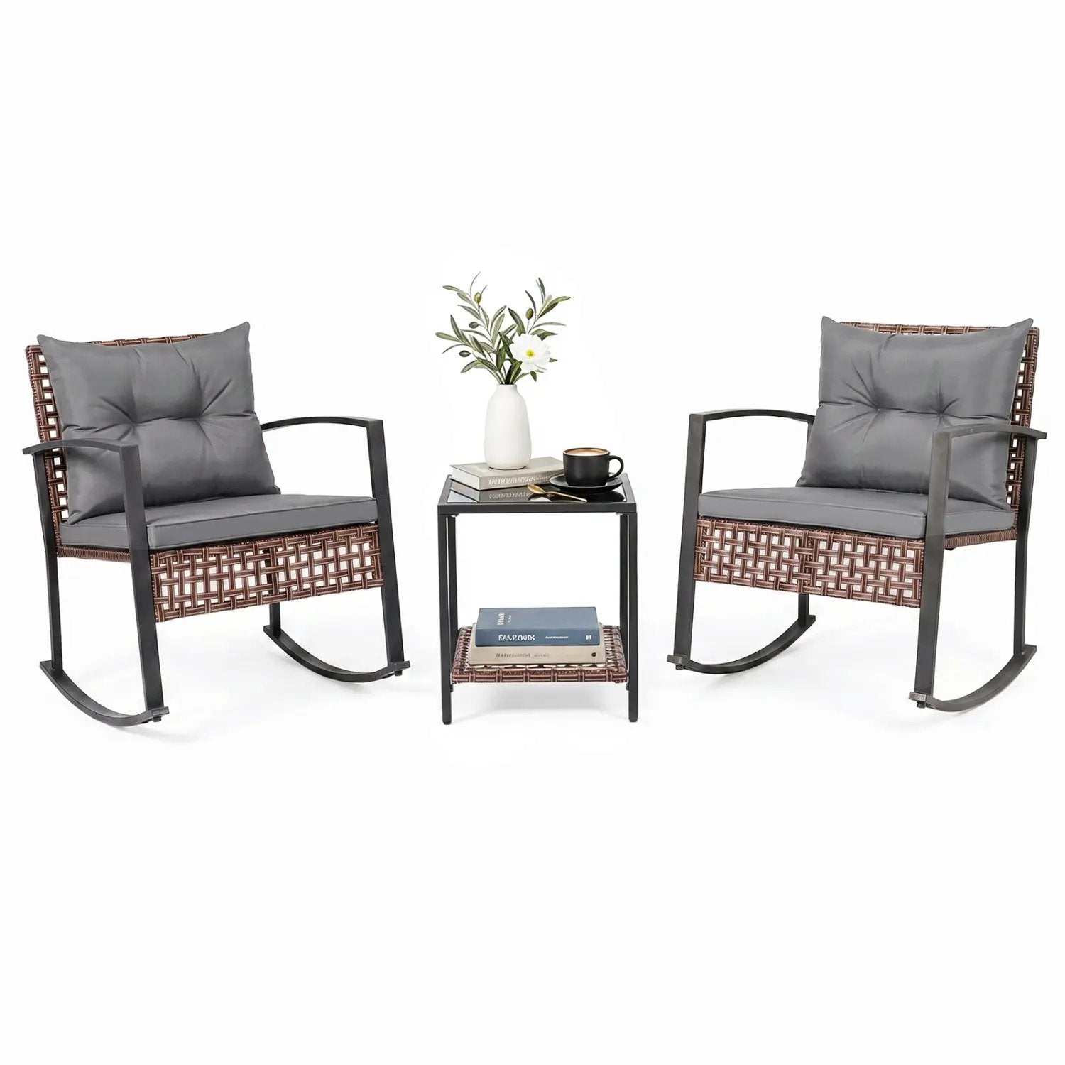 3-Piece Rocking Chair Patio Set with Glass Coffee Table by DirectDeals
