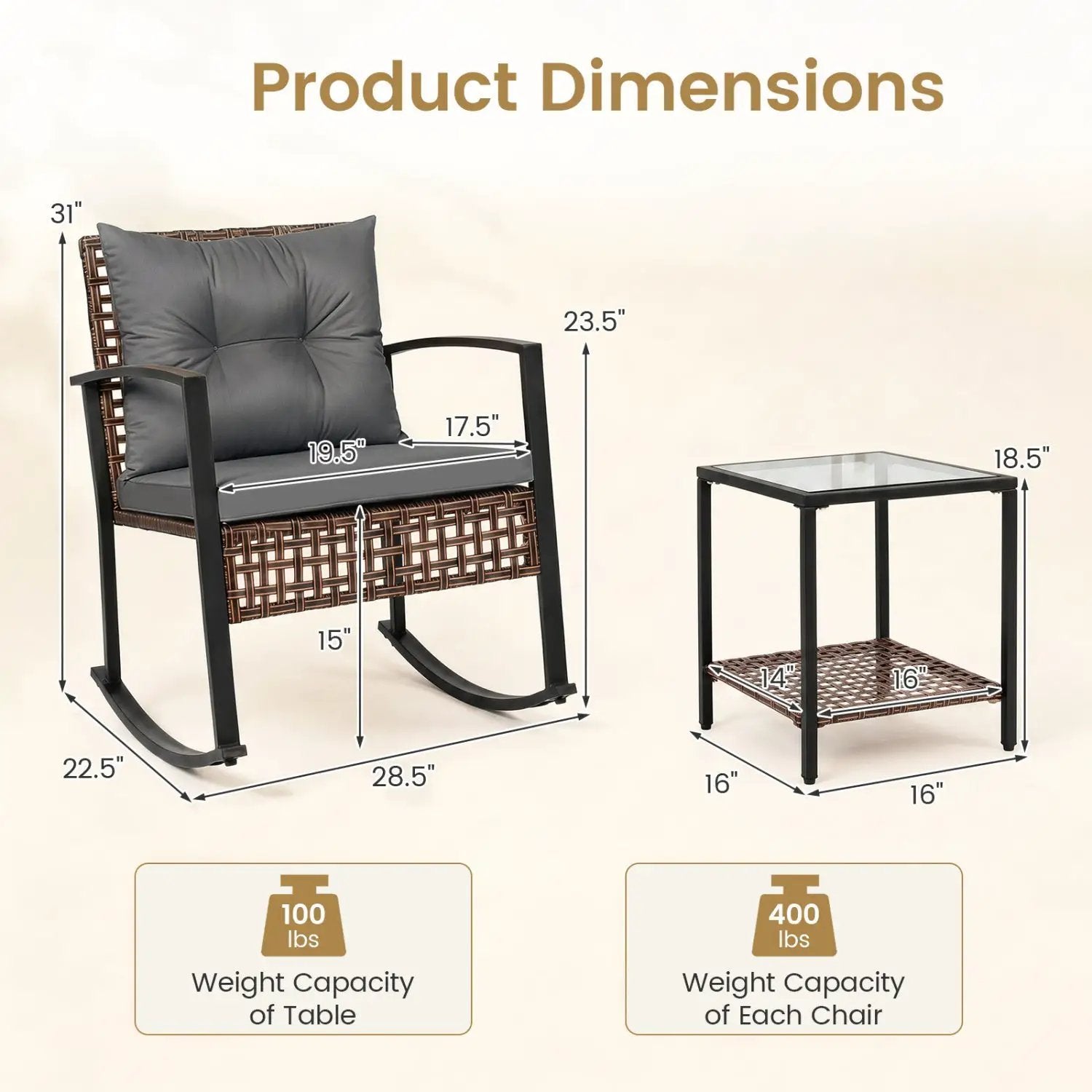 3-Piece Rocking Chair Patio Set with Glass Coffee Table by DirectDeals