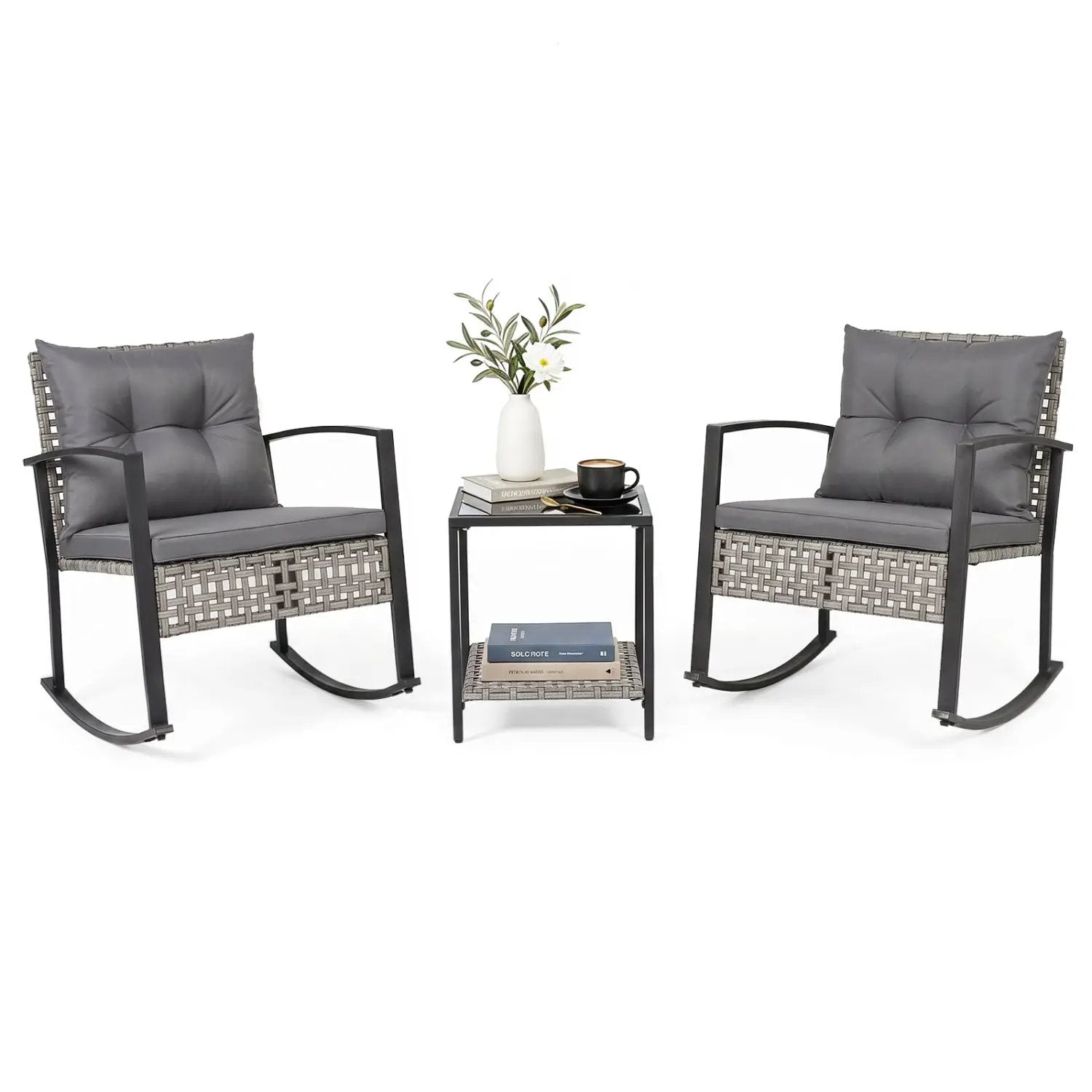 3-Piece Outdoor Rocking Chair Set with Coffee Table - Gray by DirectDeals